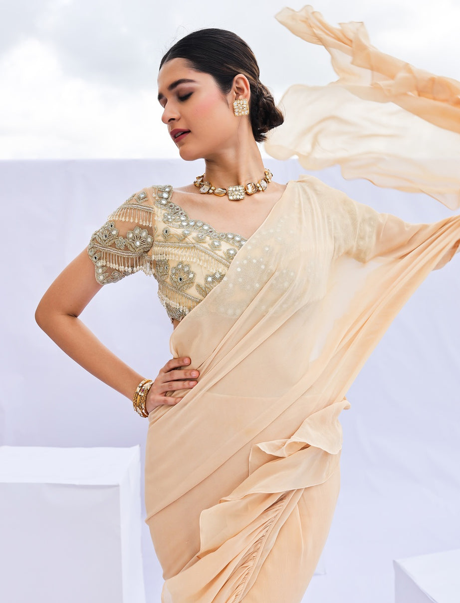 Gold Pre-Draped Ruffle Saree Set
