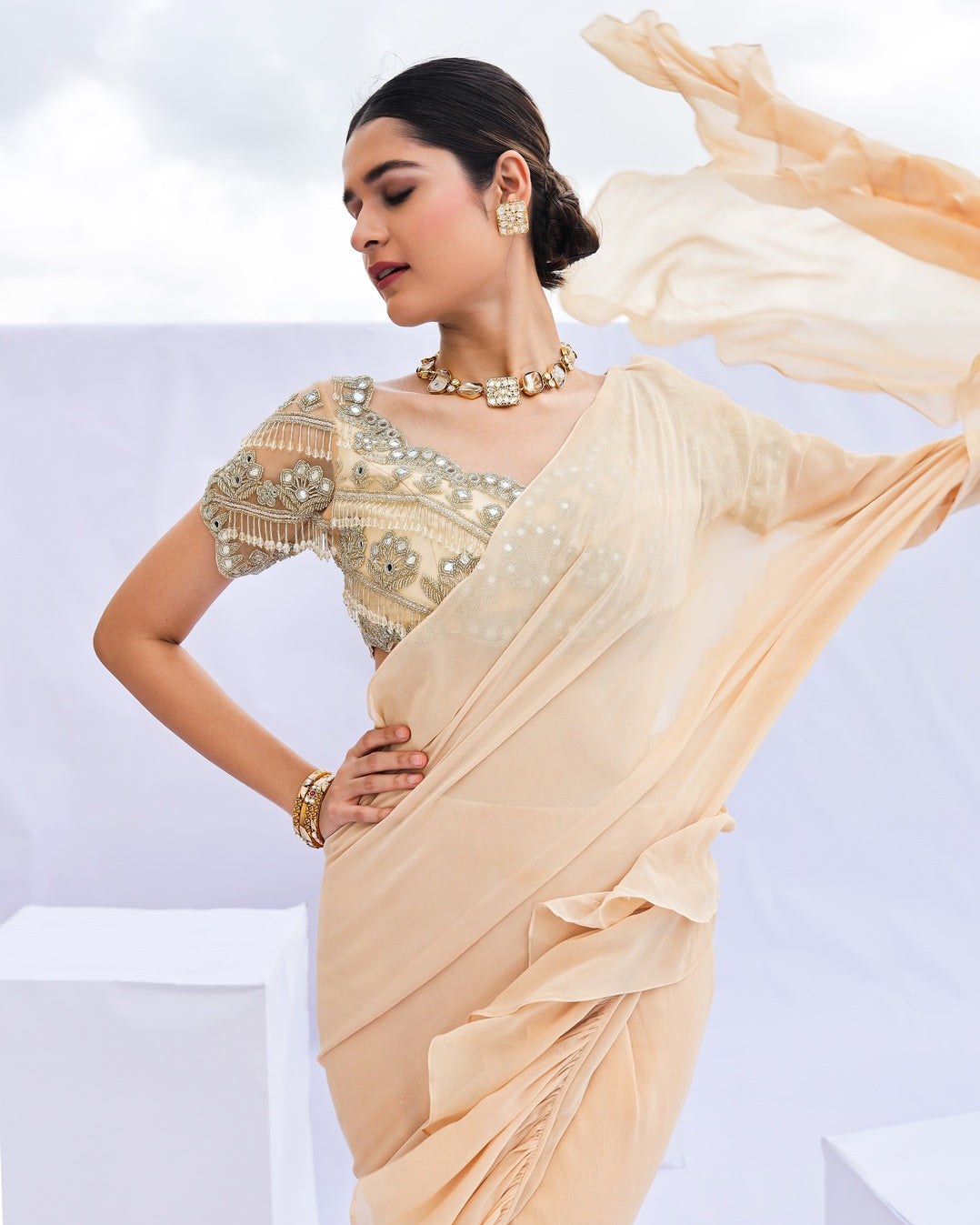 Gold Pre-Draped Ruffle Saree Set