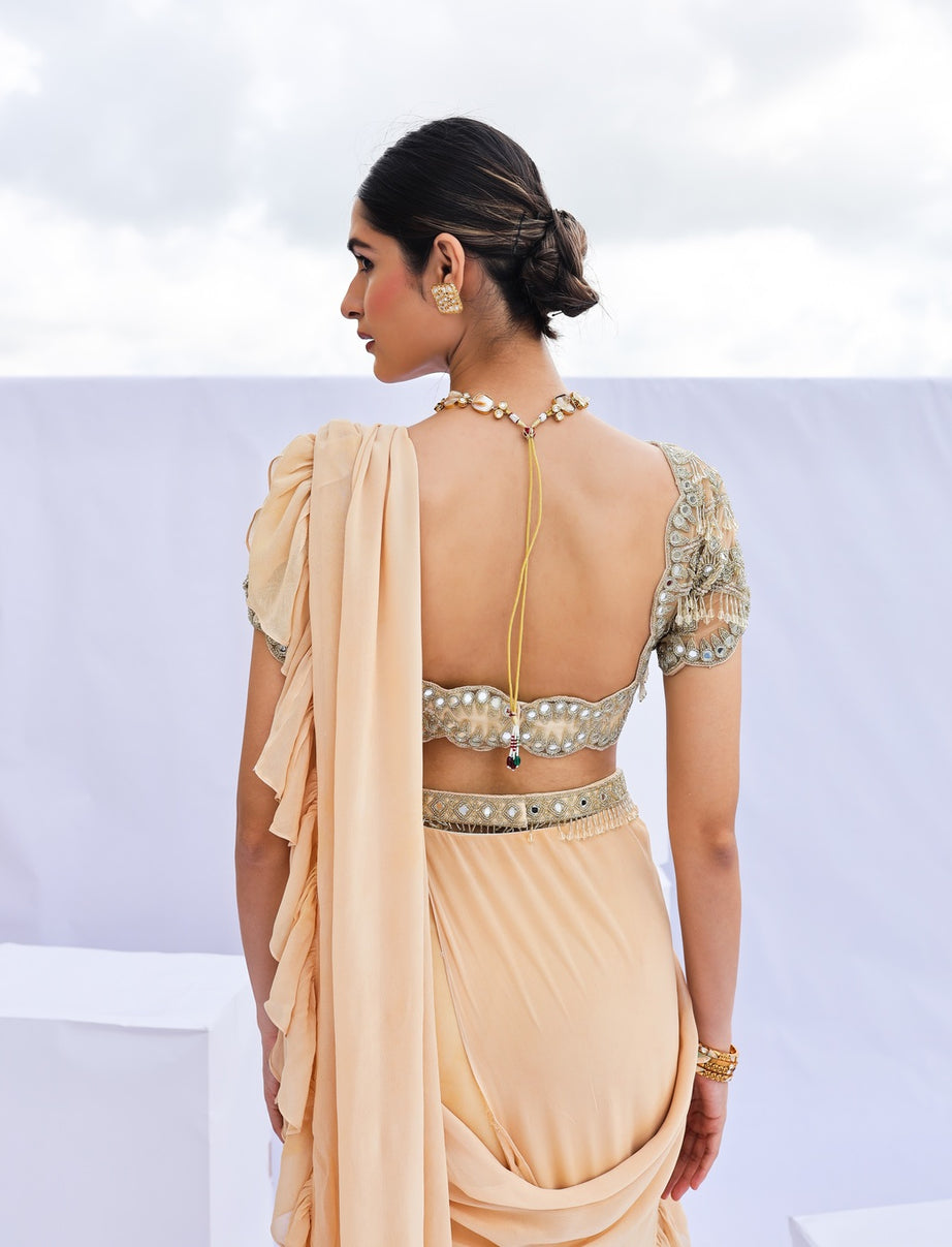 Gold Pre-Draped Ruffle Saree Set