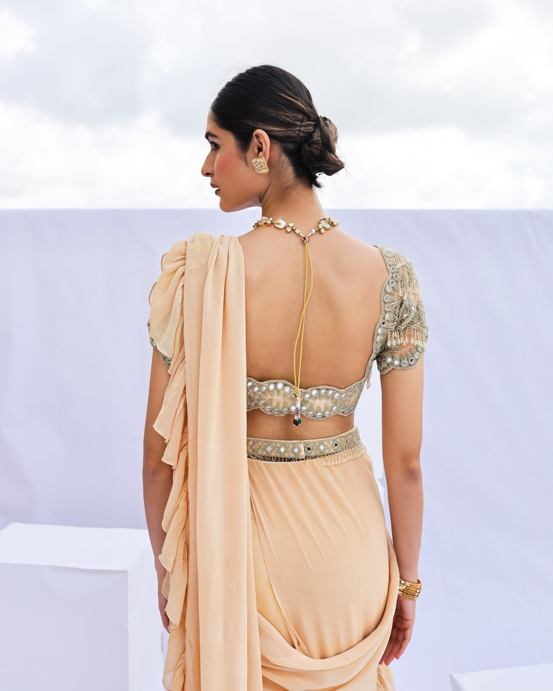 Gold Pre-Draped Ruffle Saree Set