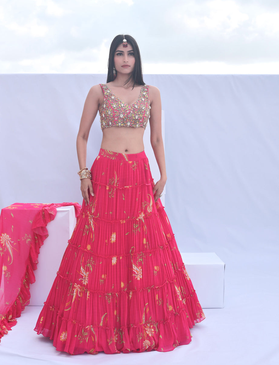 Pink Paisley Print Tiered Lehenga (S)