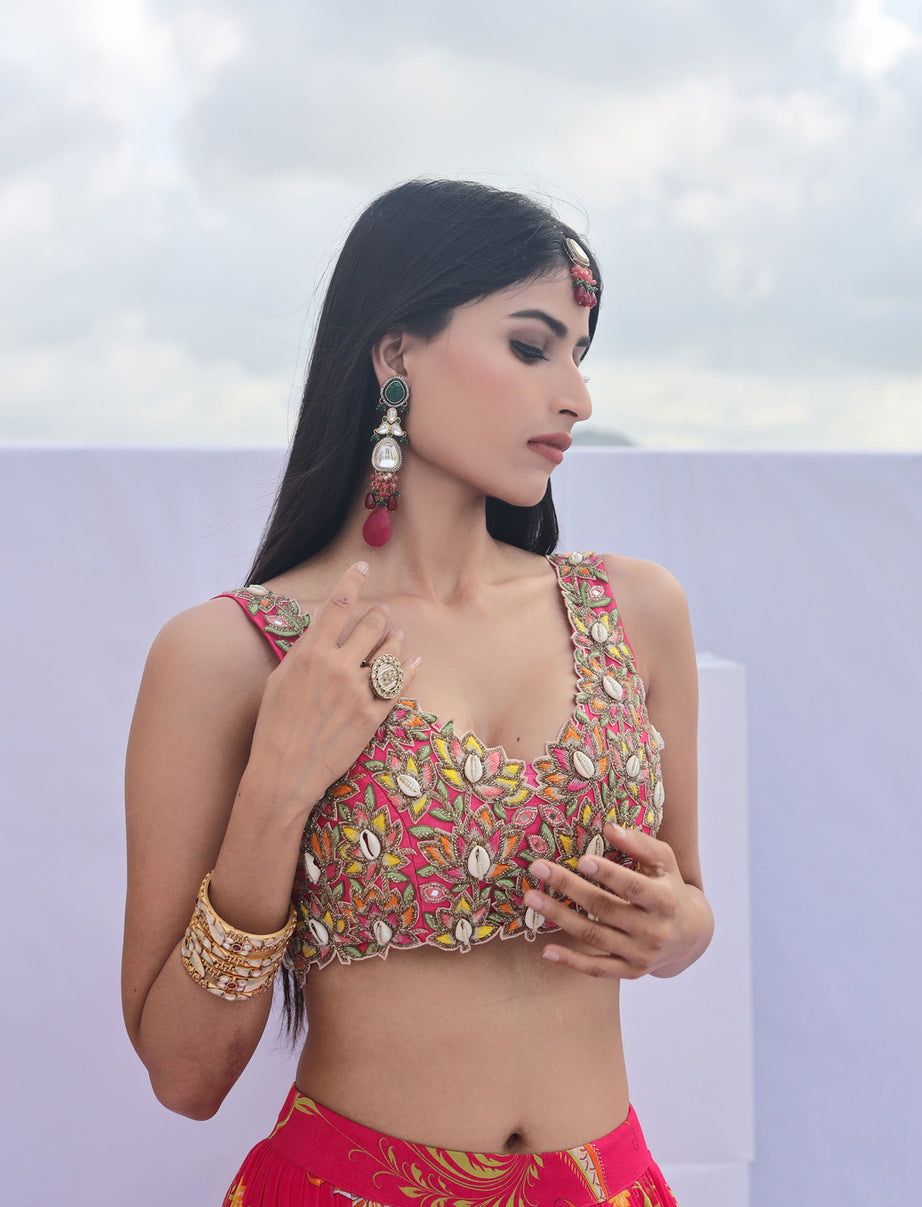 Pink Paisley Print Tiered Lehenga