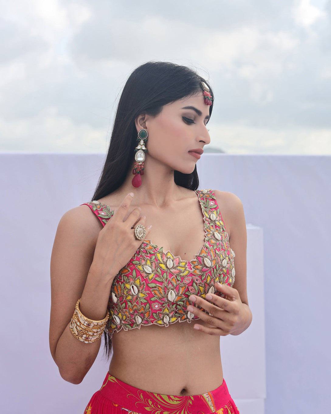 Pink Paisley Print Tiered Lehenga