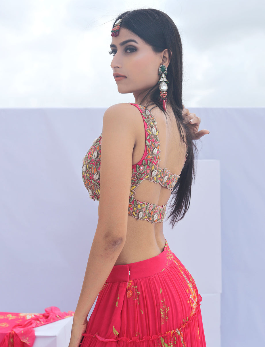 Pink Paisley Print Tiered Lehenga