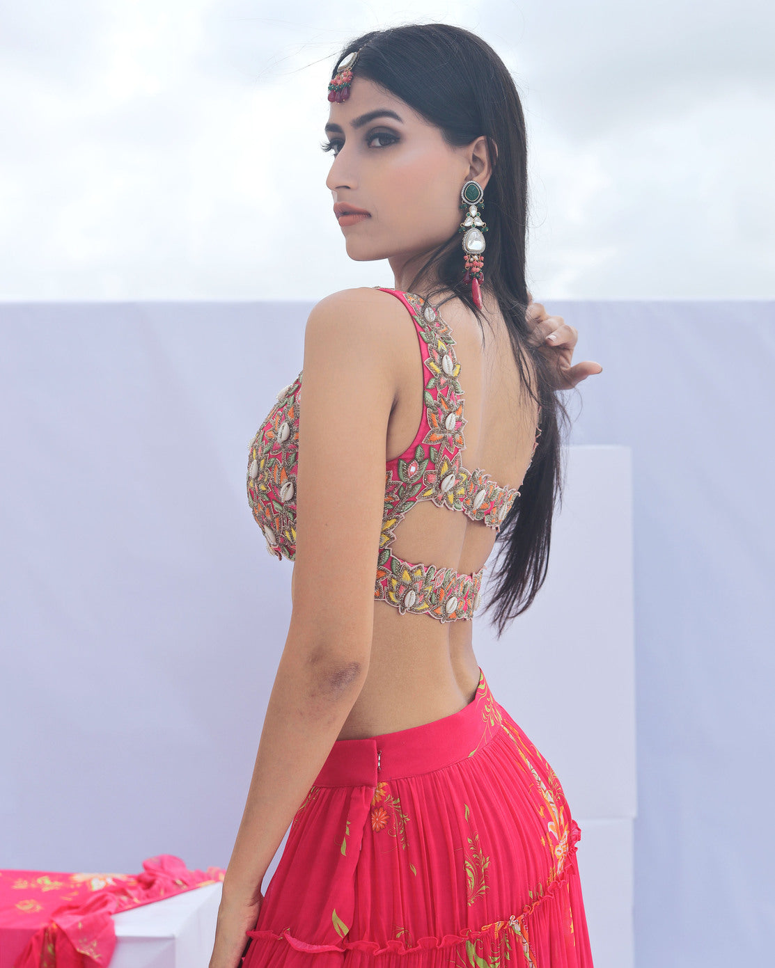 Pink Paisley Print Tiered Lehenga