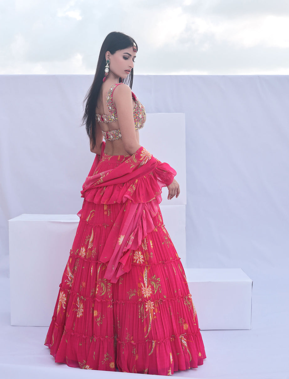 Pink Paisley Print Tiered Lehenga
