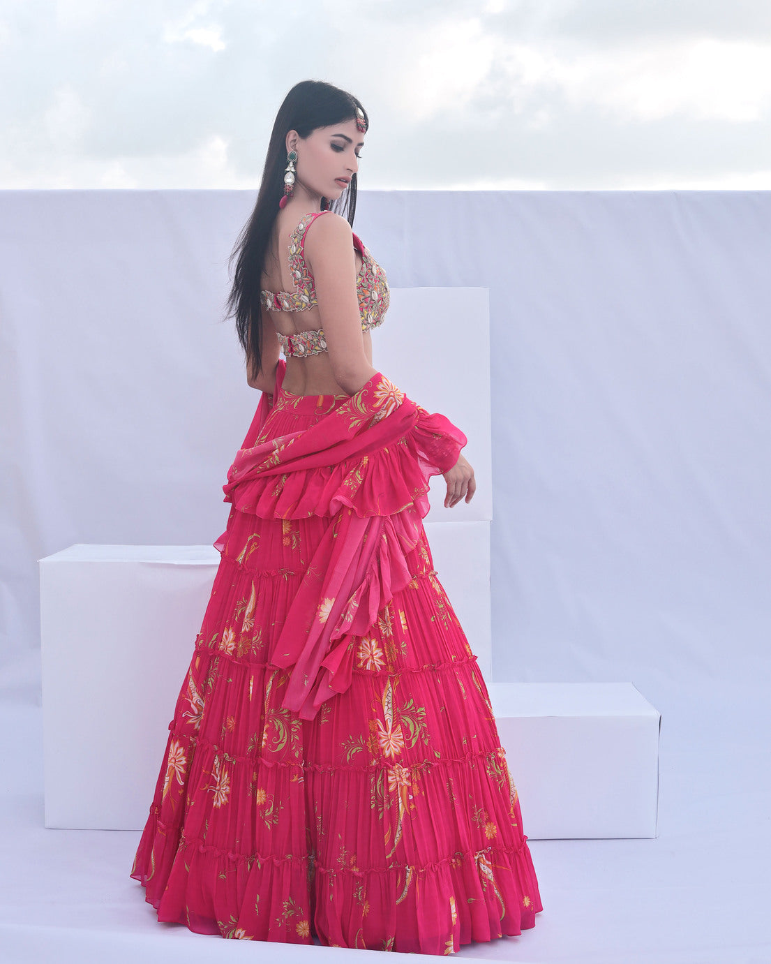 Pink Paisley Print Tiered Lehenga