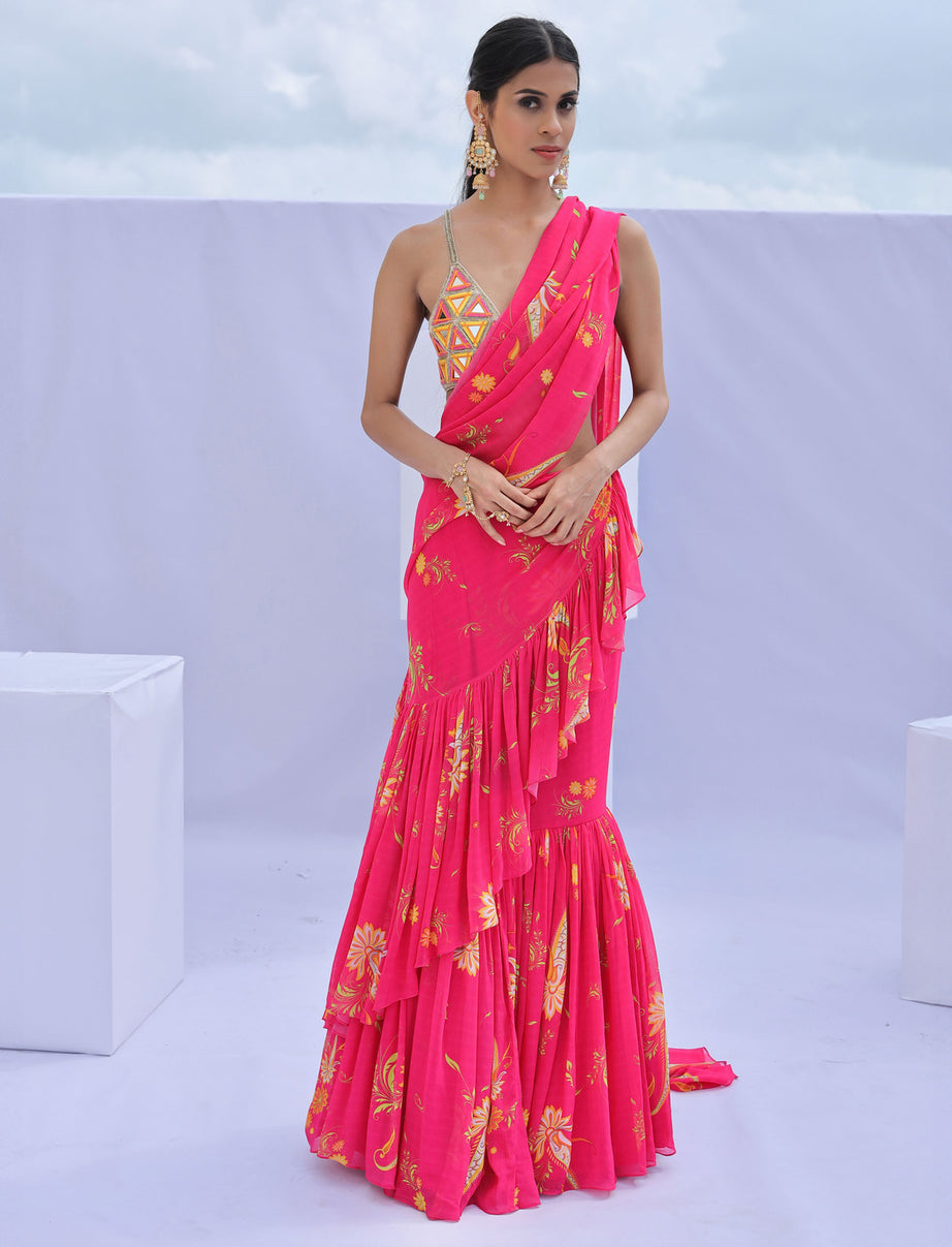 Pink Pre-Draped Ruffle Paisley Print Saree Set