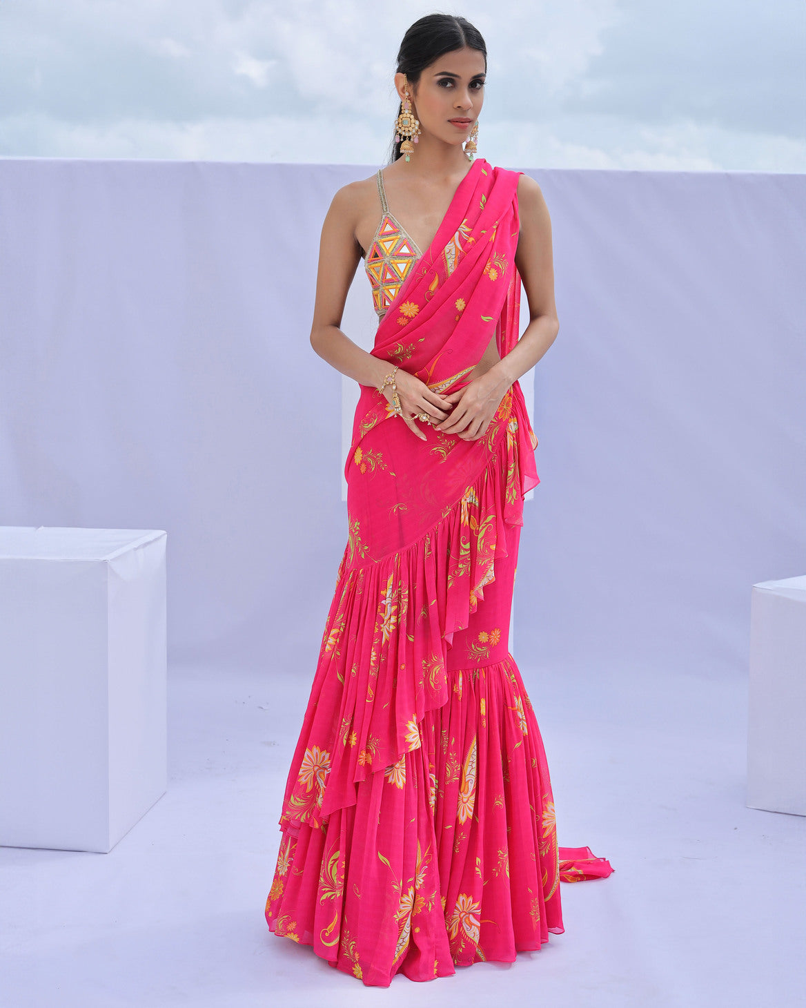 Pink Pre-Draped Ruffle Paisley Print Saree Set