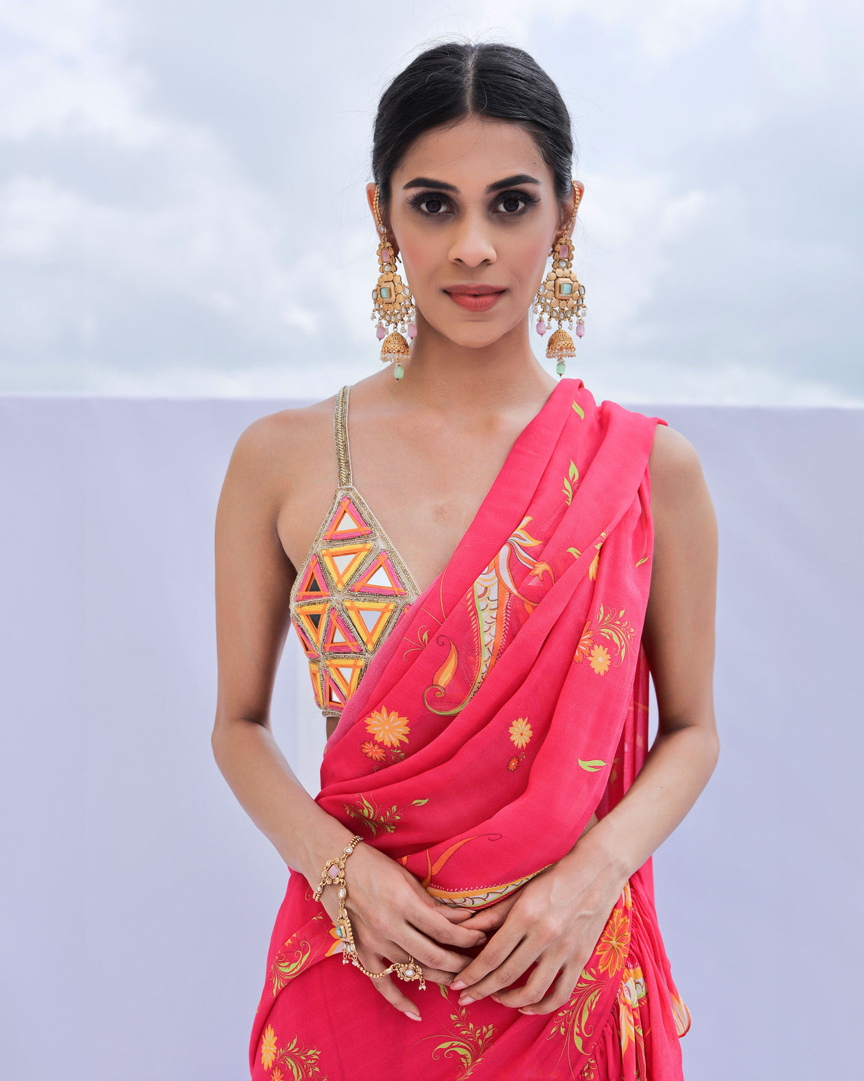 Pink Pre-Draped Ruffle Paisley Print Saree Set