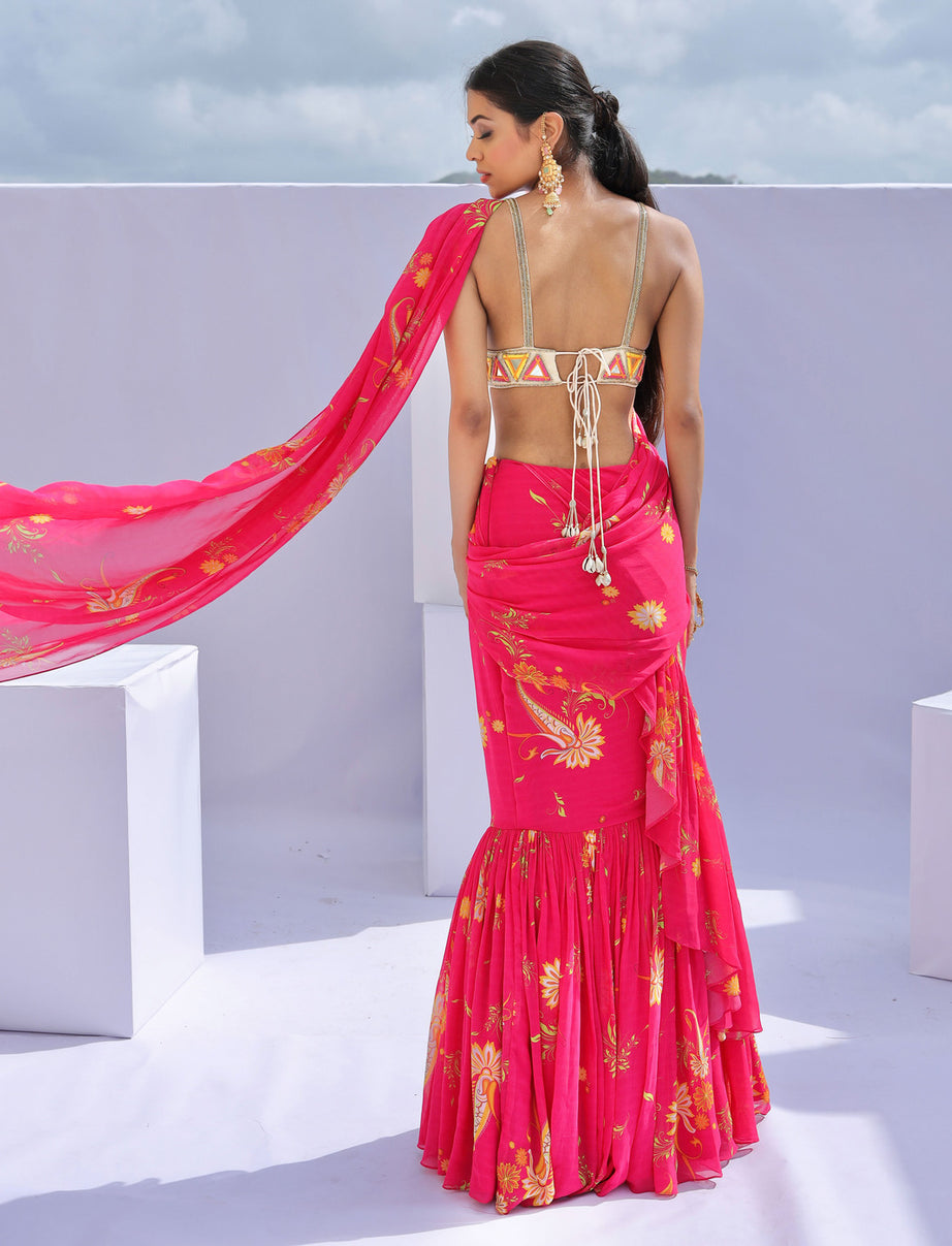 Pink Pre-Draped Ruffle Paisley Print Saree Set