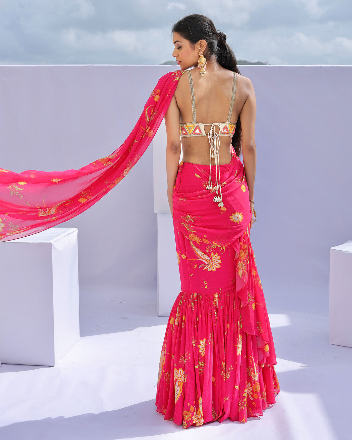 Pink Pre-Draped Ruffle Paisley Print Saree Set