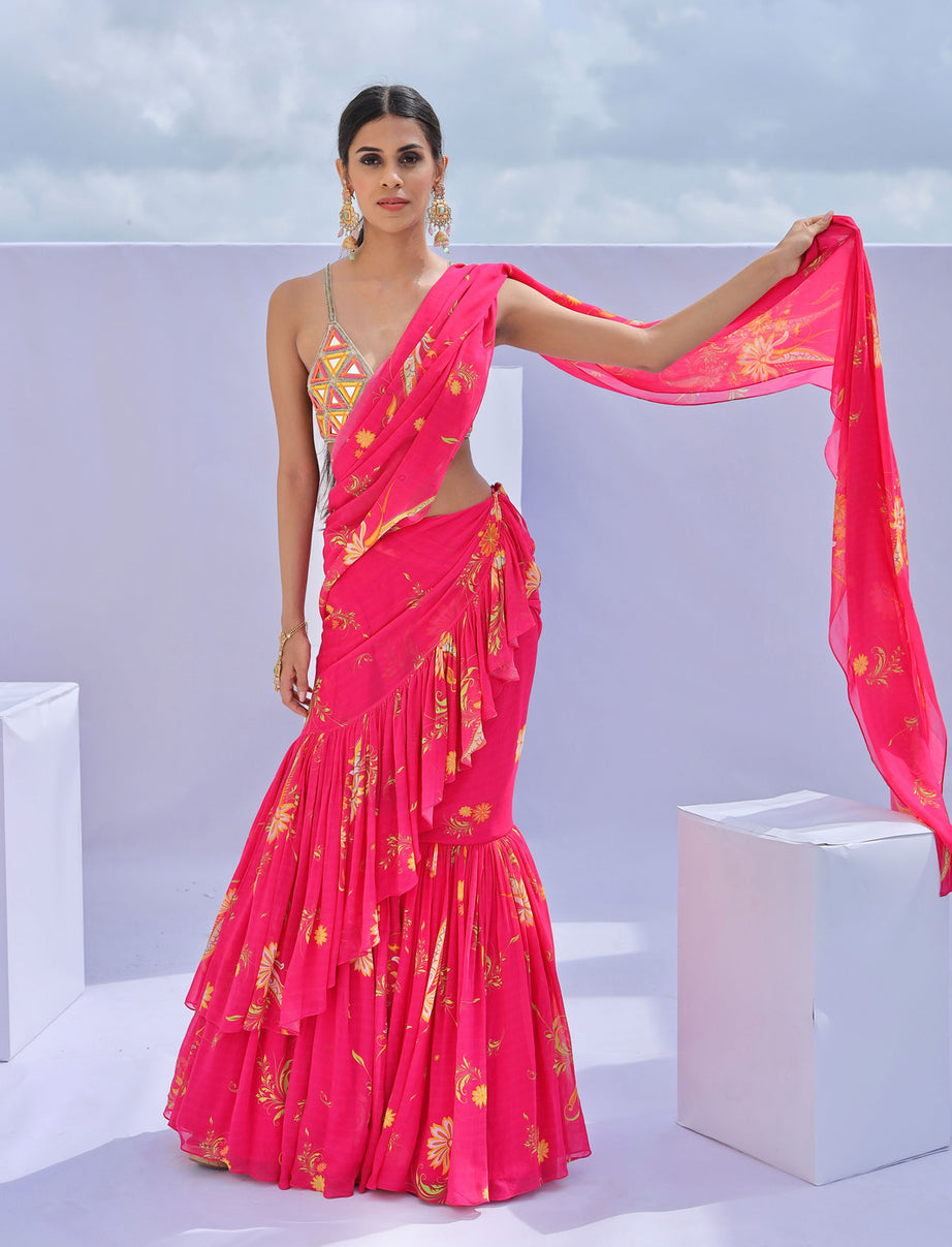 Pink Pre-Draped Ruffle Paisley Print Saree Set