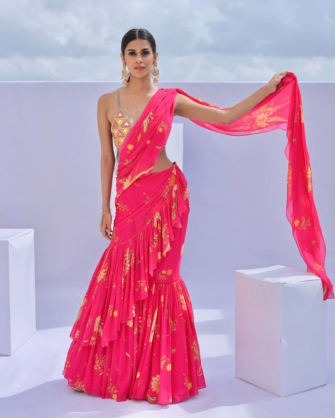 Pink Pre-Draped Ruffle Paisley Print Saree Set