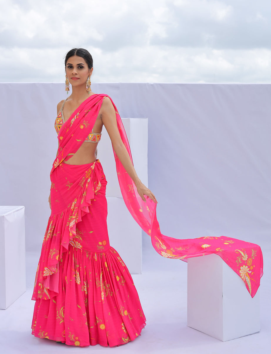 Pink Pre-Draped Ruffle Paisley Print Saree Set
