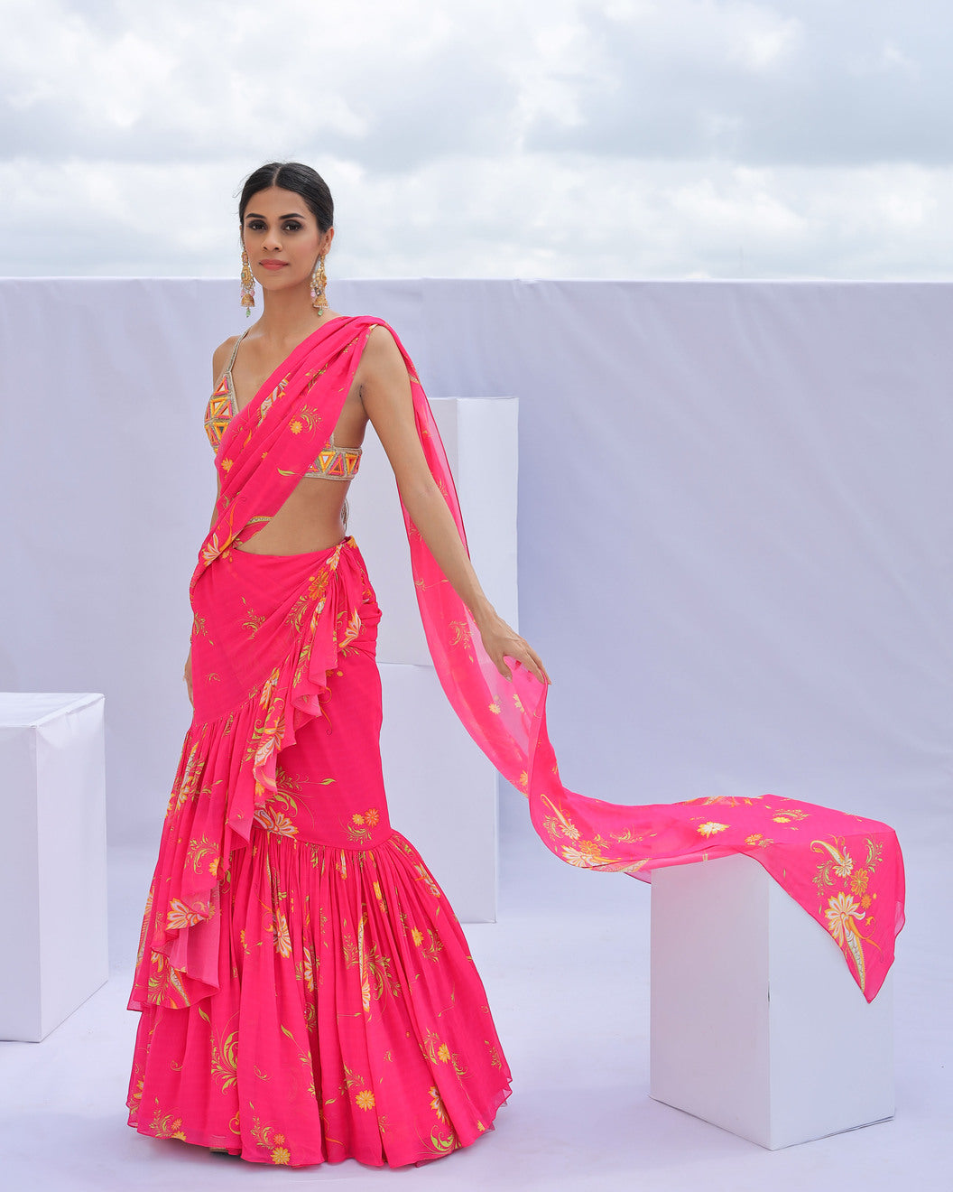 Pink Pre-Draped Ruffle Paisley Print Saree Set