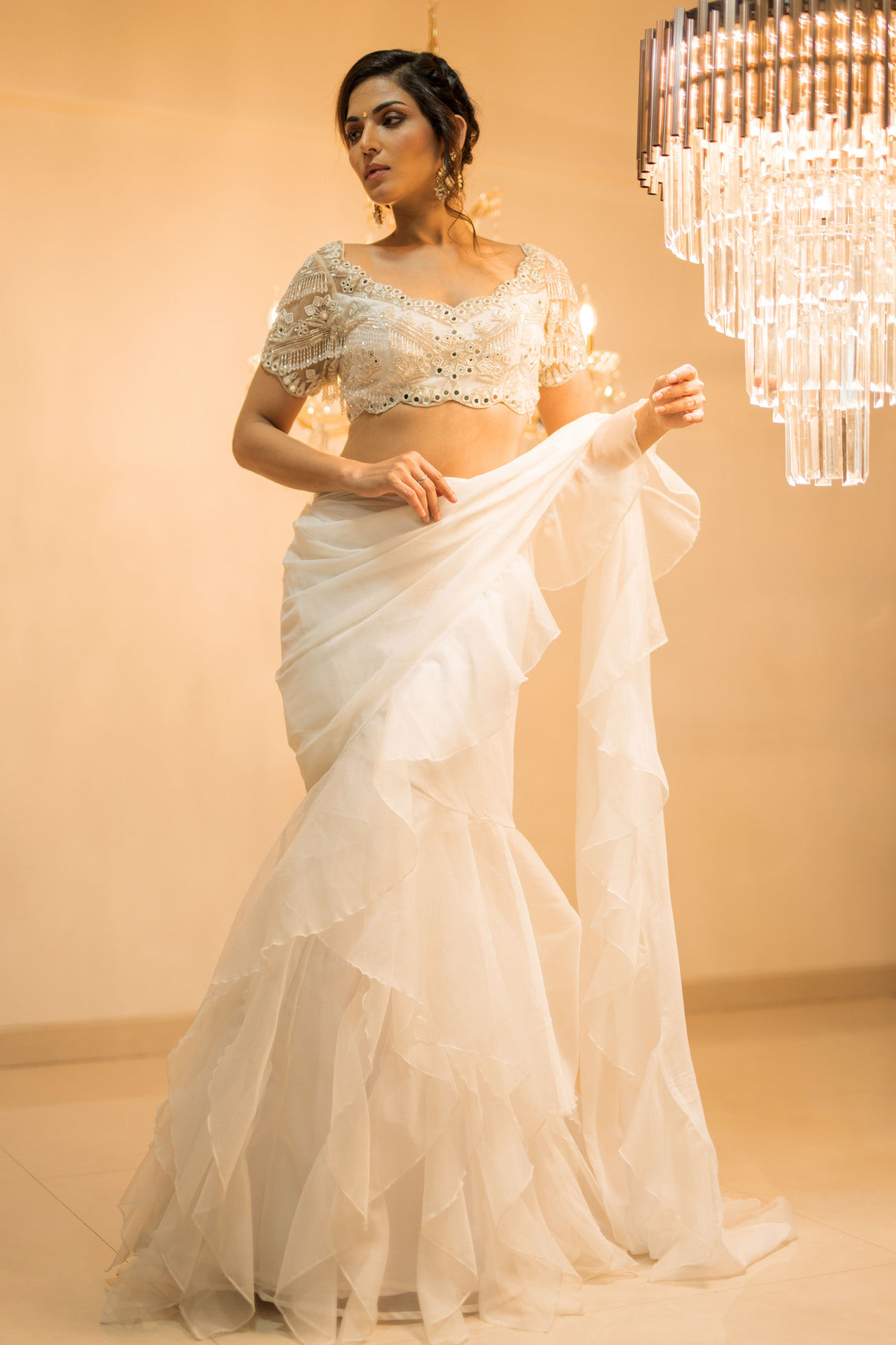 White Organza Pre-Draped Ruffle Saree Set