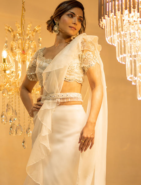 White Organza Pre-Draped Ruffle Saree Set