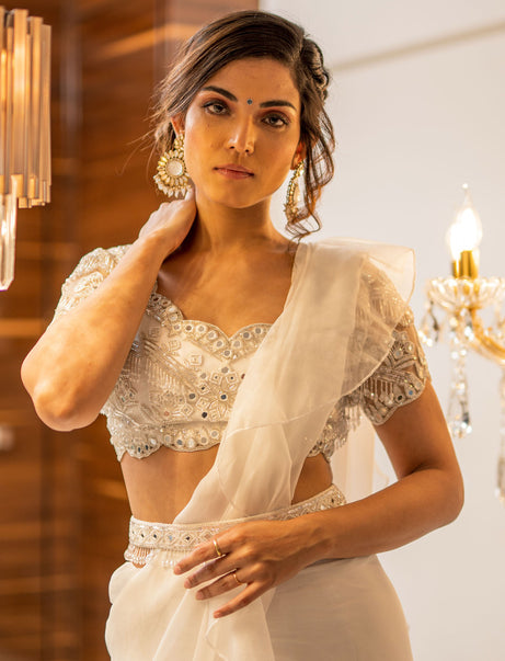 White Organza Pre-Draped Ruffle Saree Set