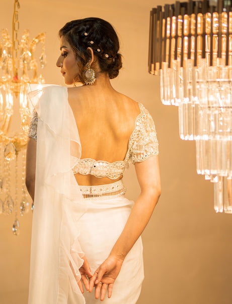 White Organza Pre-Draped Ruffle Saree Set