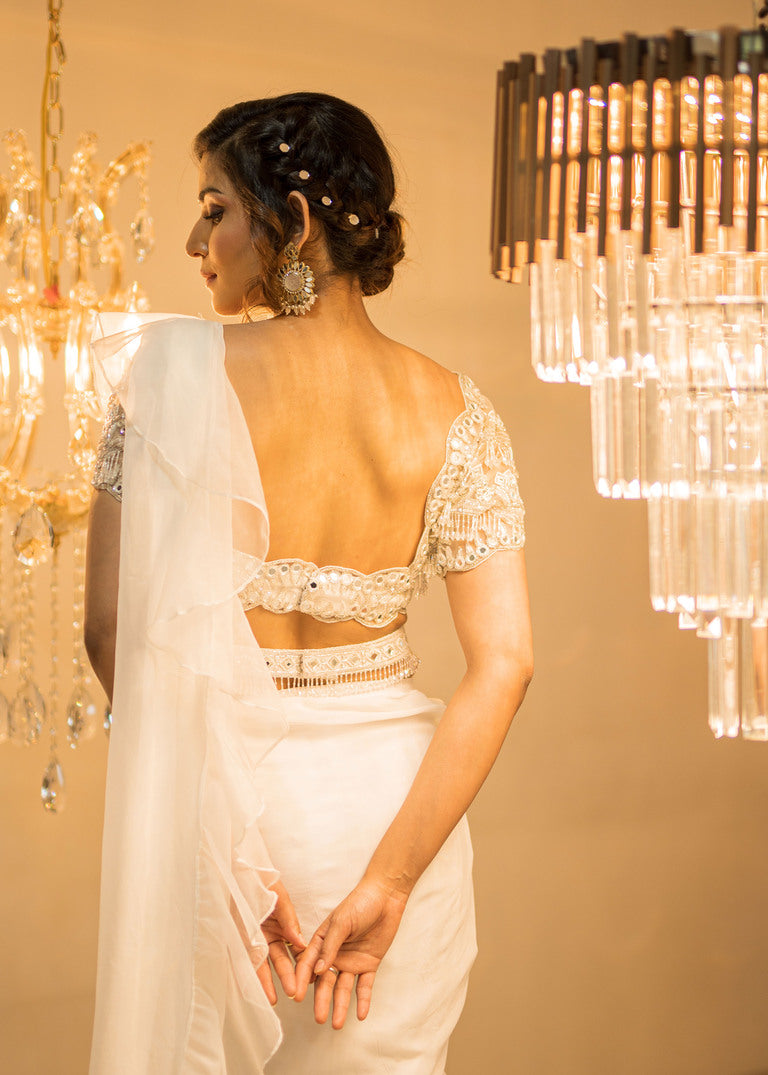 White Organza Pre-Draped Ruffle Saree Set