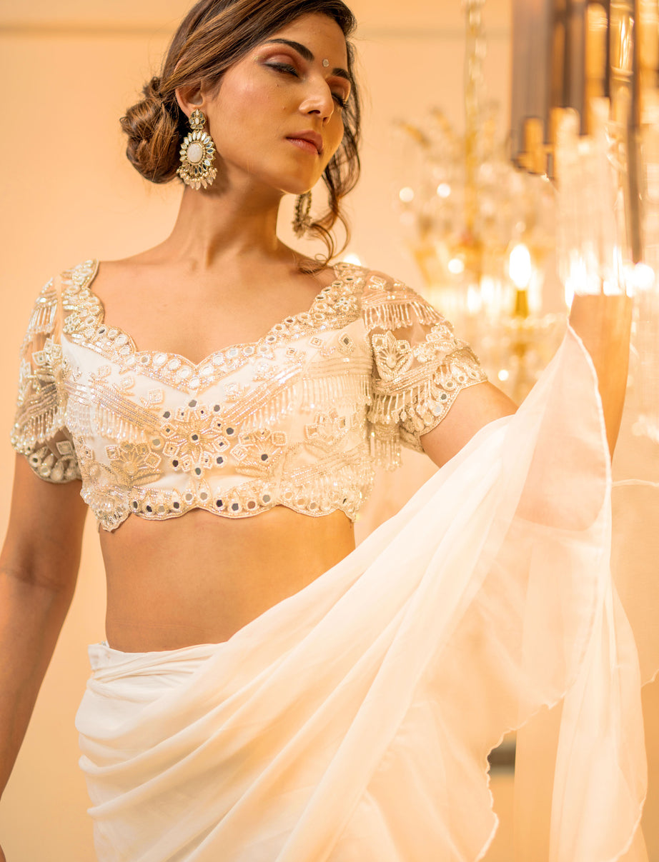 White Organza Pre-Draped Ruffle Saree Set