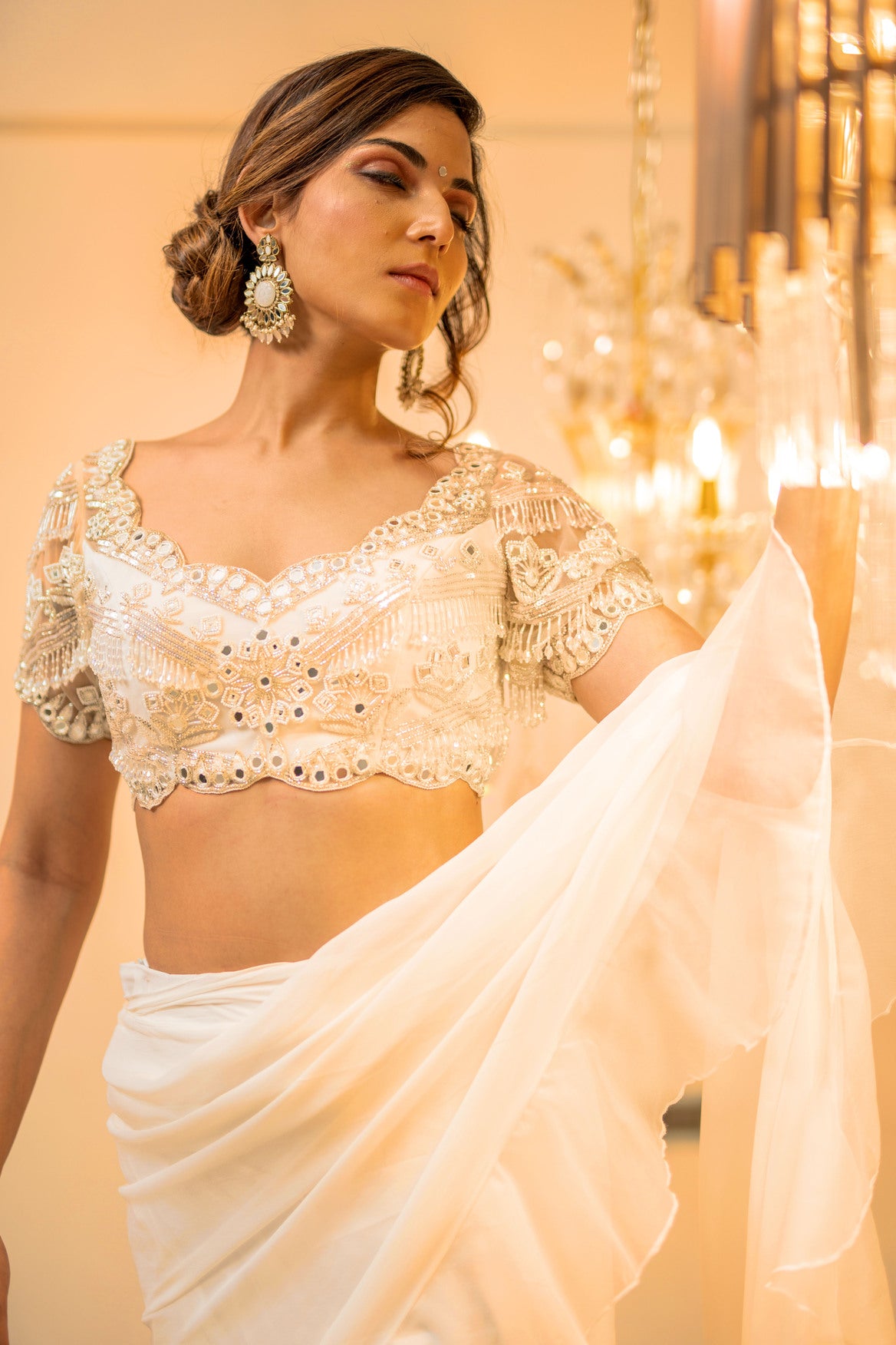 White Organza Pre-Draped Ruffle Saree Set