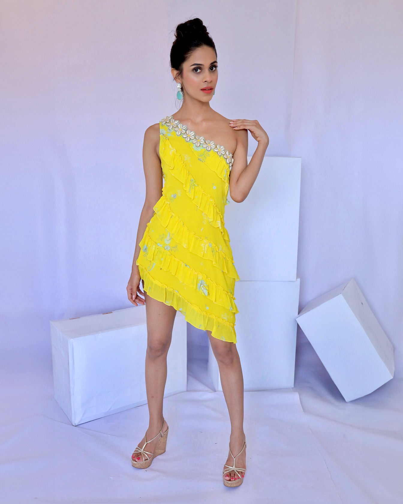 Yellow Embroidered One Shoulder Ruffle Dress (M)