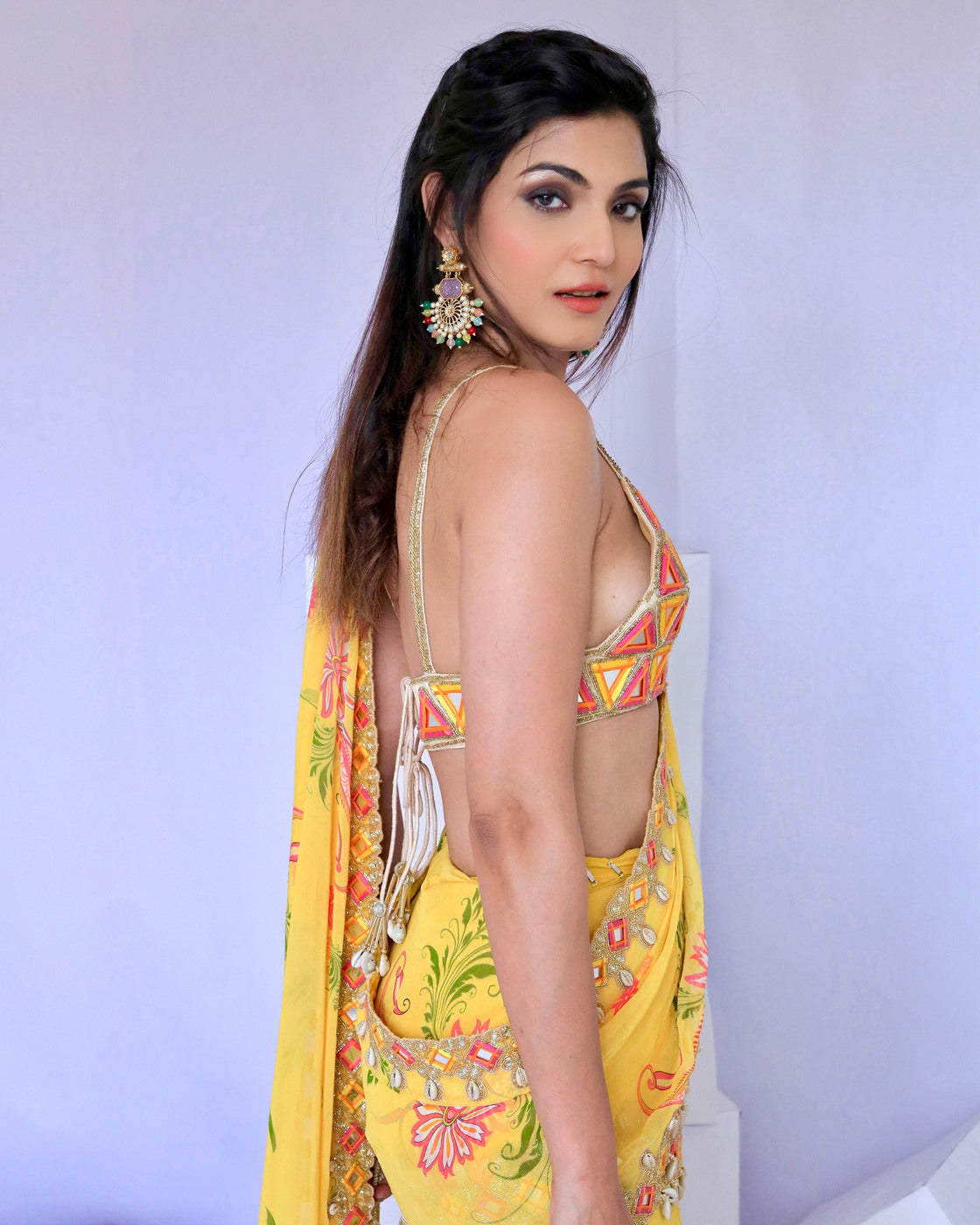 Yellow Pre-Draped Mumtaz Embroidered Paisley Print Saree Set