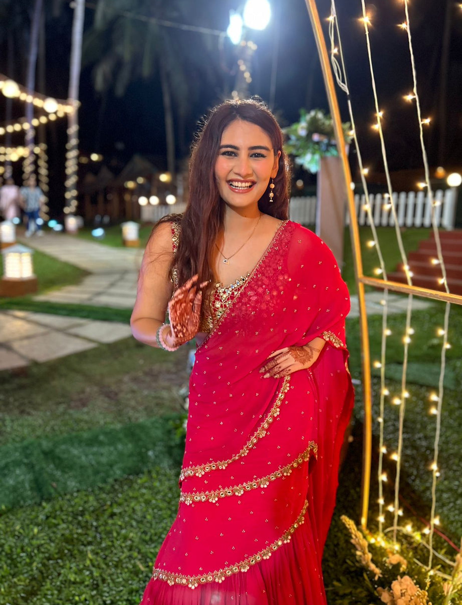 Red Pre-Draped Mumtaz Saree Set