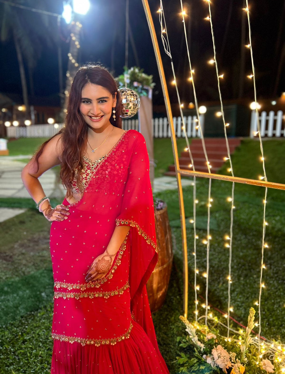 Red Pre-Draped Mumtaz Saree Set