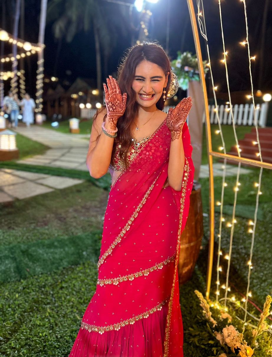 Red Pre-Draped Mumtaz Saree Set