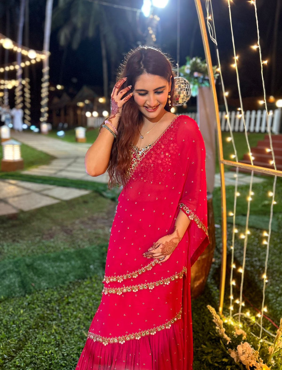 Red Pre-Draped Mumtaz Saree Set