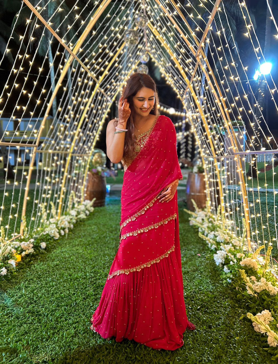 Red Pre-Draped Mumtaz Saree Set