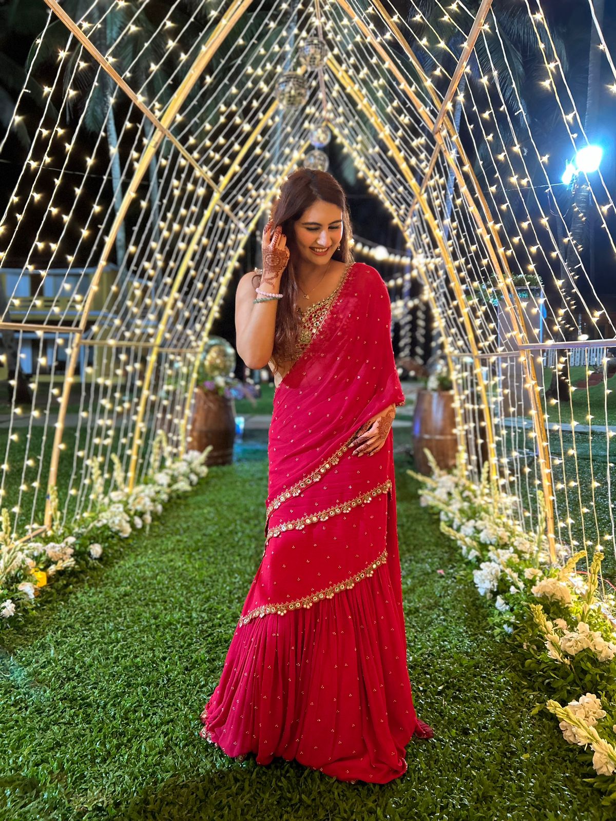 Red Pre-Draped Mumtaz Saree Set