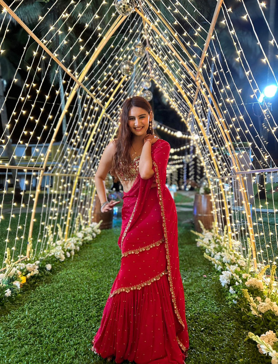 Red Pre-Draped Mumtaz Saree Set