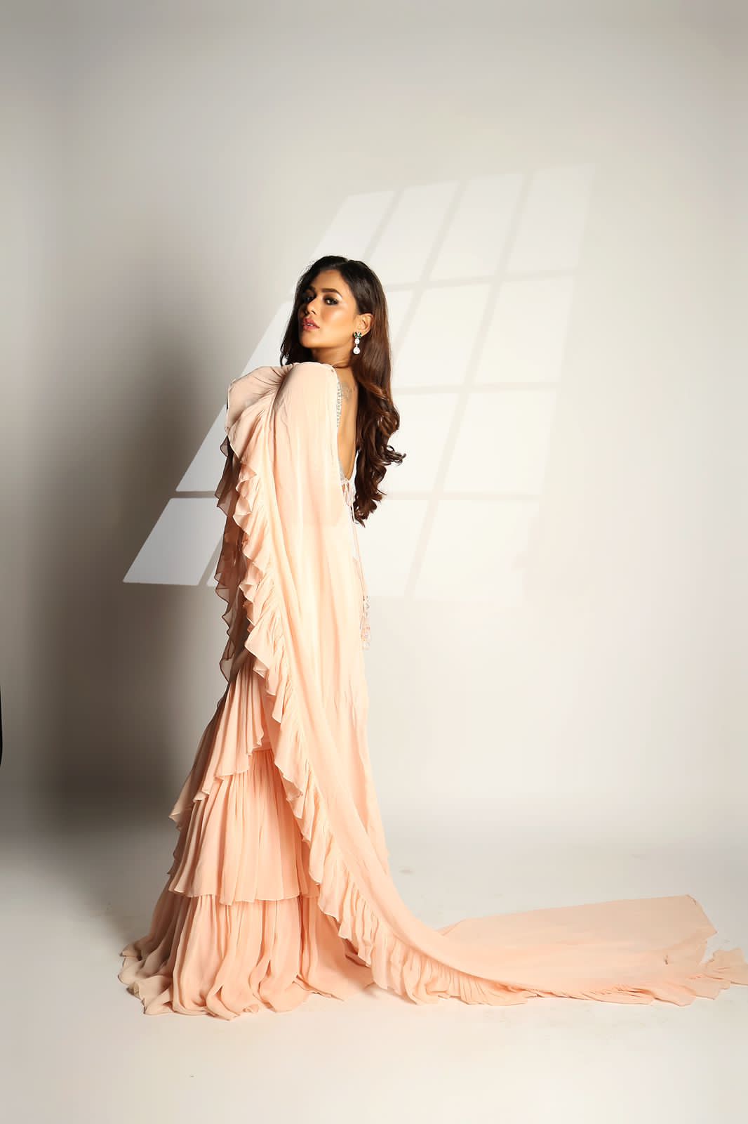 Pink Pre-Draped Ruffle Saree Set
