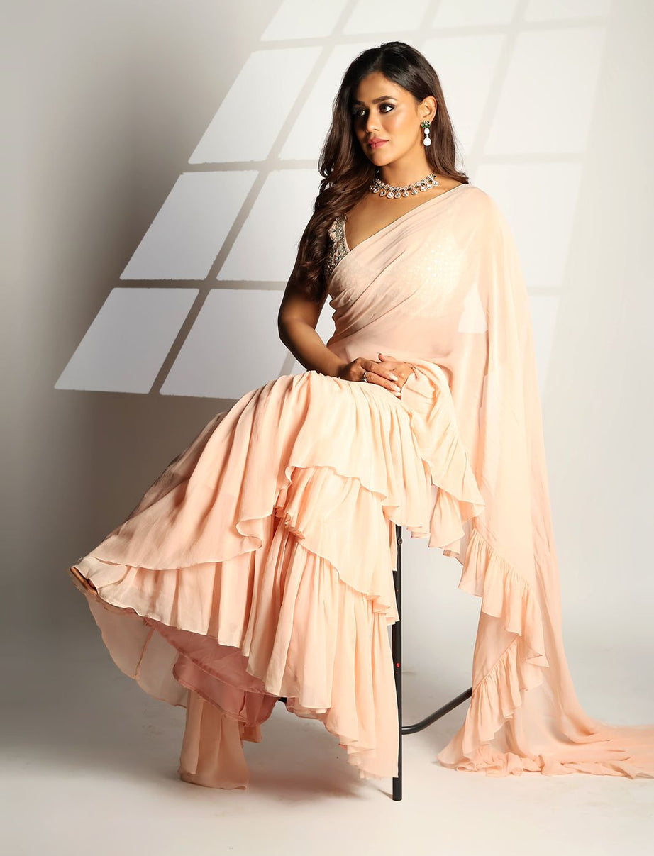 Pink Pre-Draped Ruffle Saree Set