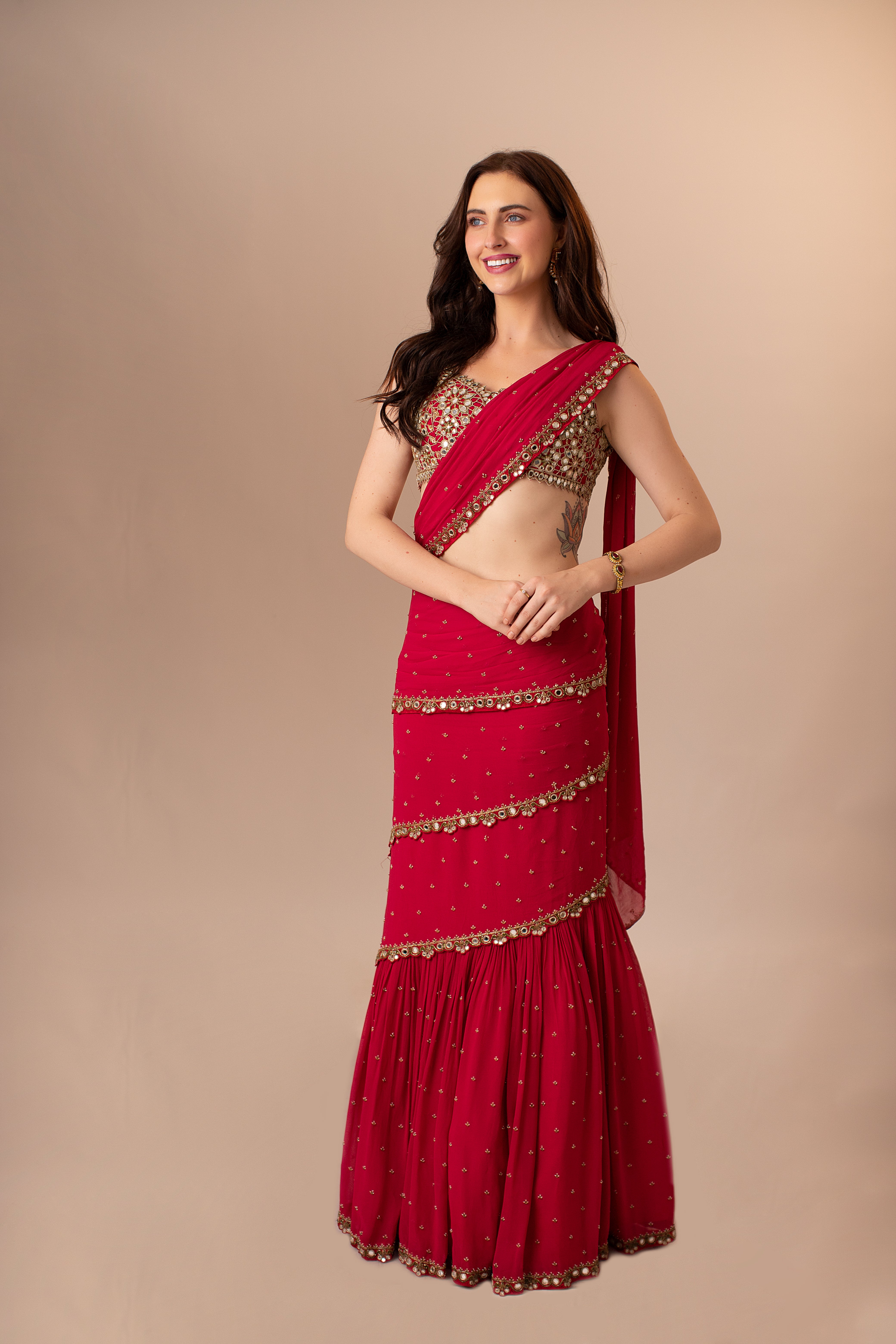 Red Pre-Draped Mumtaz Saree Set
