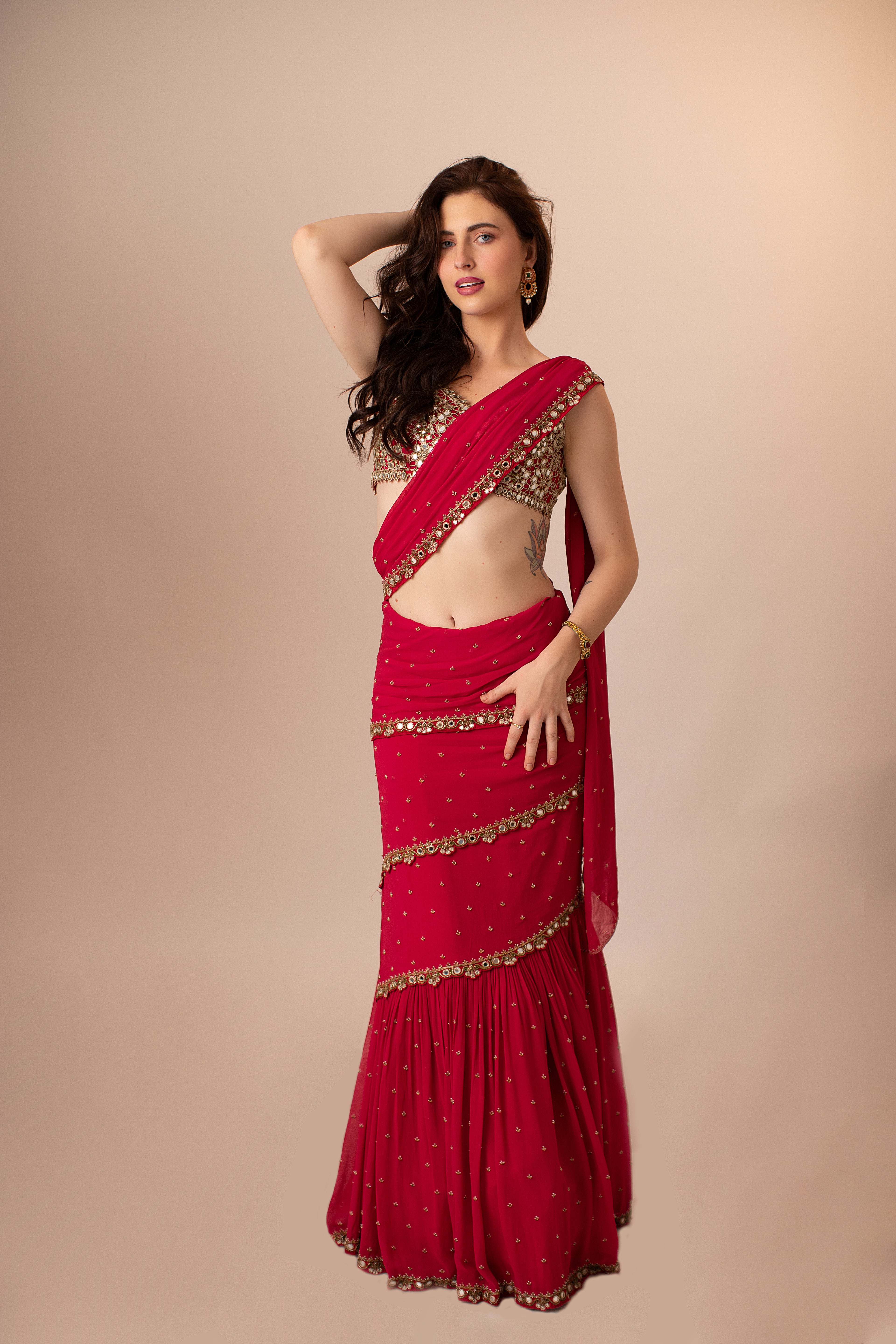 Red Pre-Draped Mumtaz Saree Set