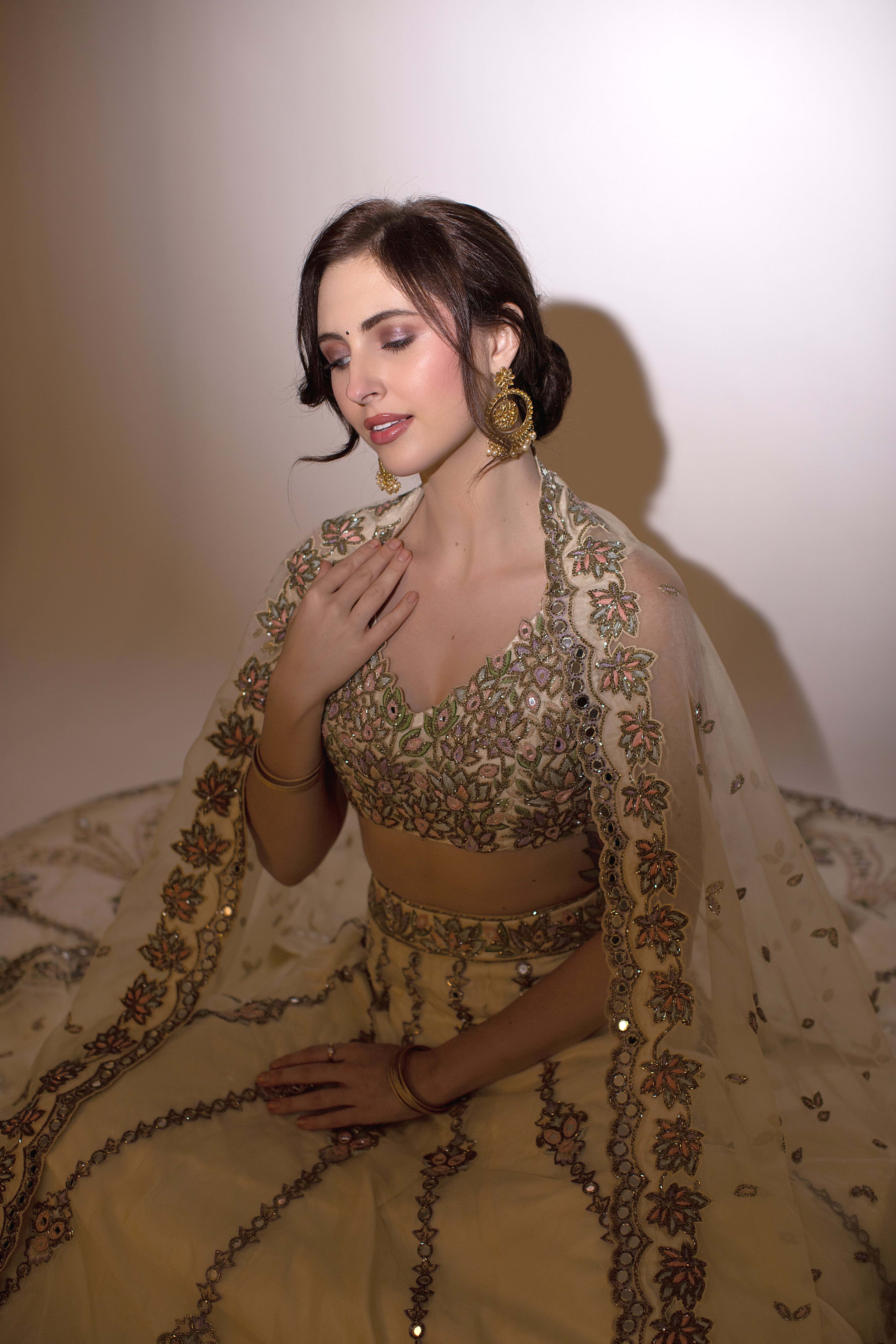 Pastel Colored Cream Mirror Embroidered Organza Lehenga