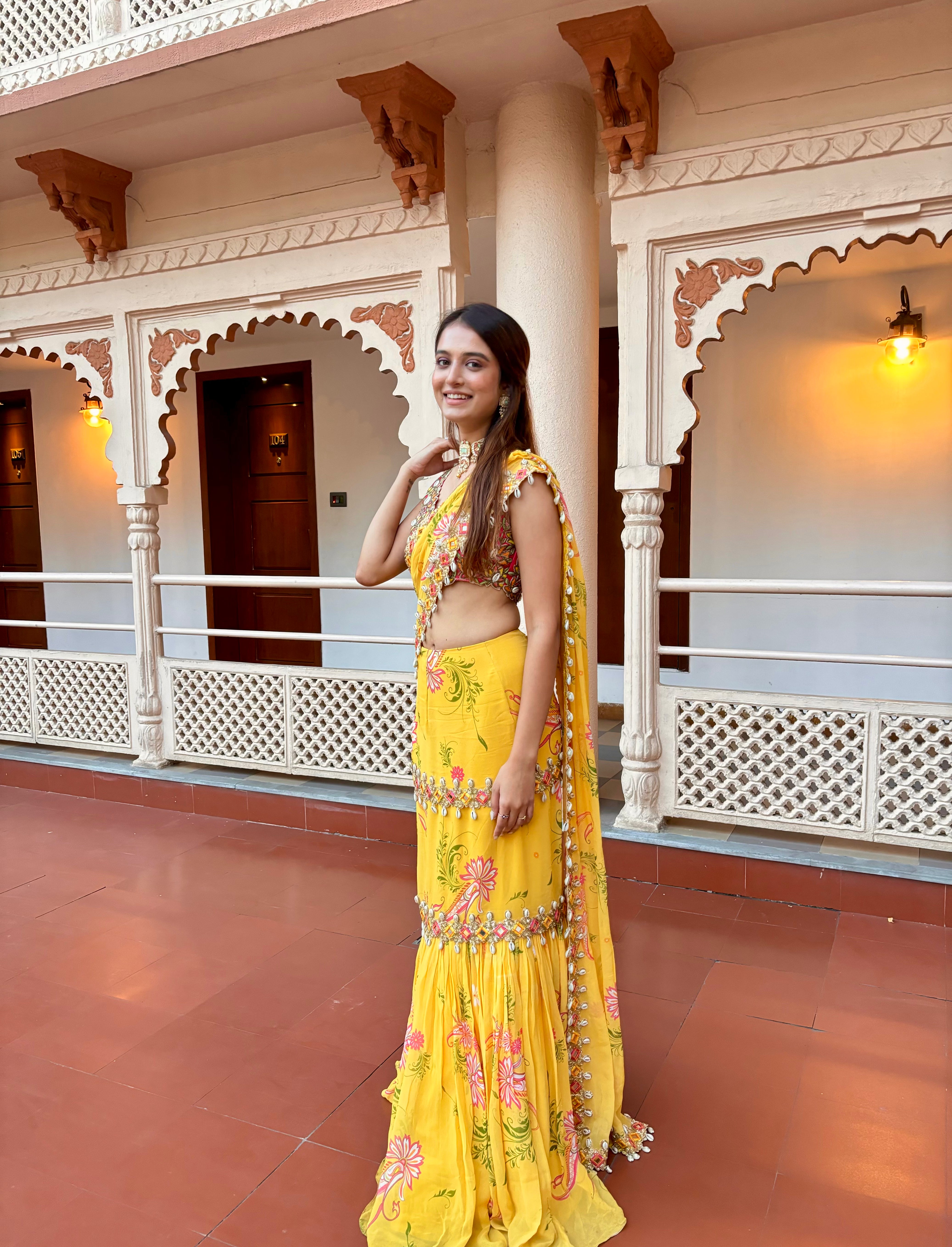 Yellow Pre-Draped Mumtaz Embroidered Paisley Print Saree Set