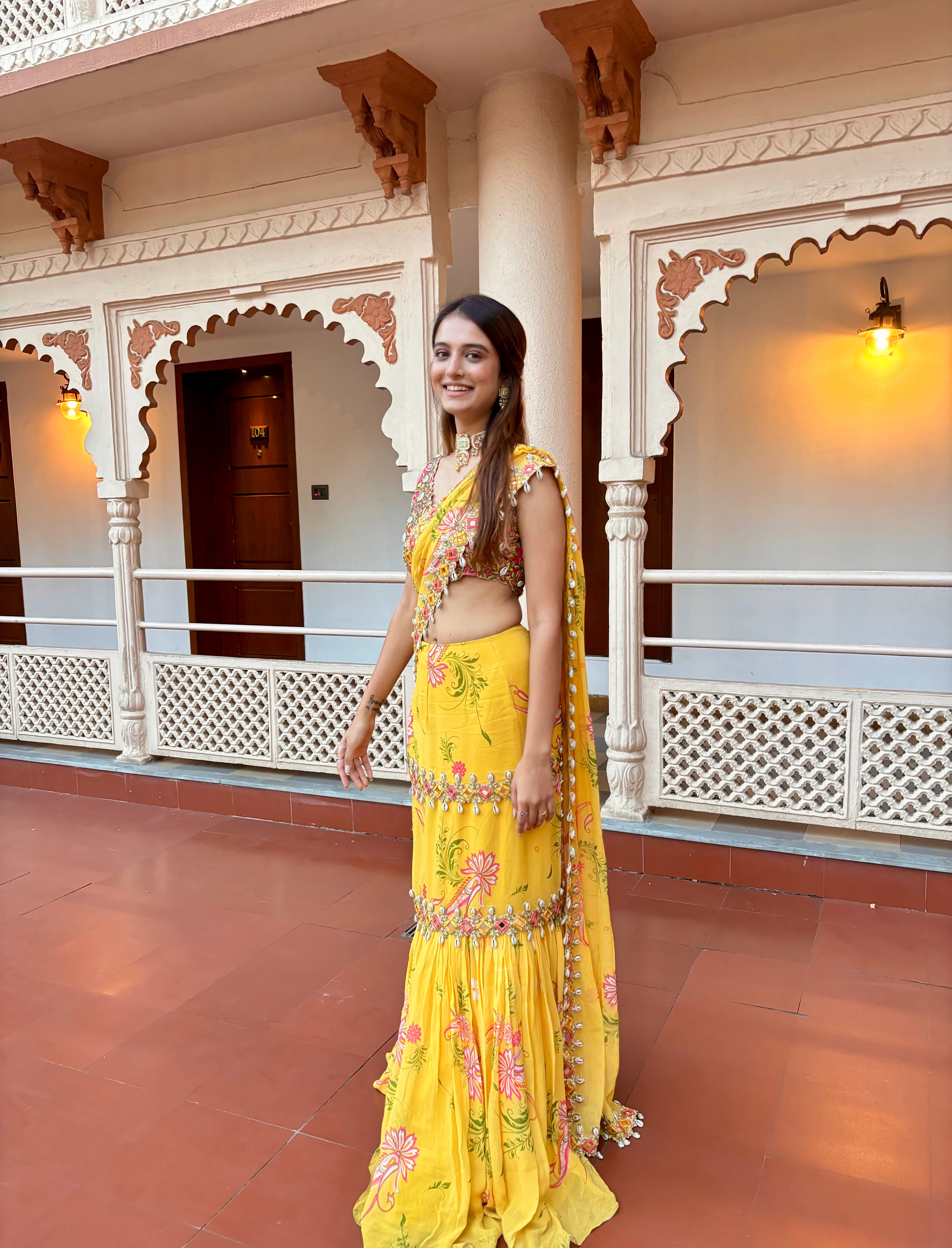 Yellow Pre-Draped Mumtaz Embroidered Paisley Print Saree Set