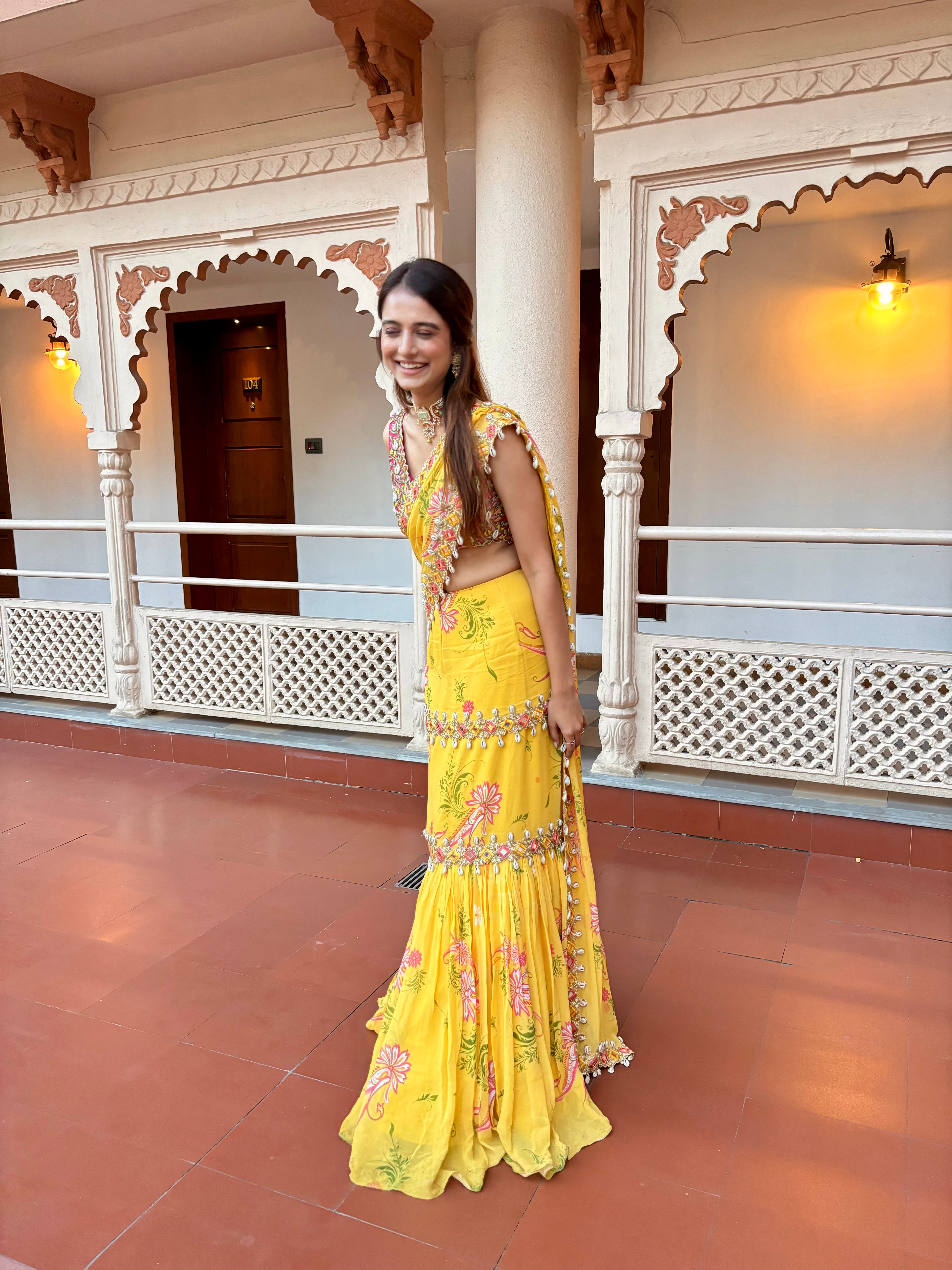 Yellow Pre-Draped Mumtaz Embroidered Paisley Print Saree Set