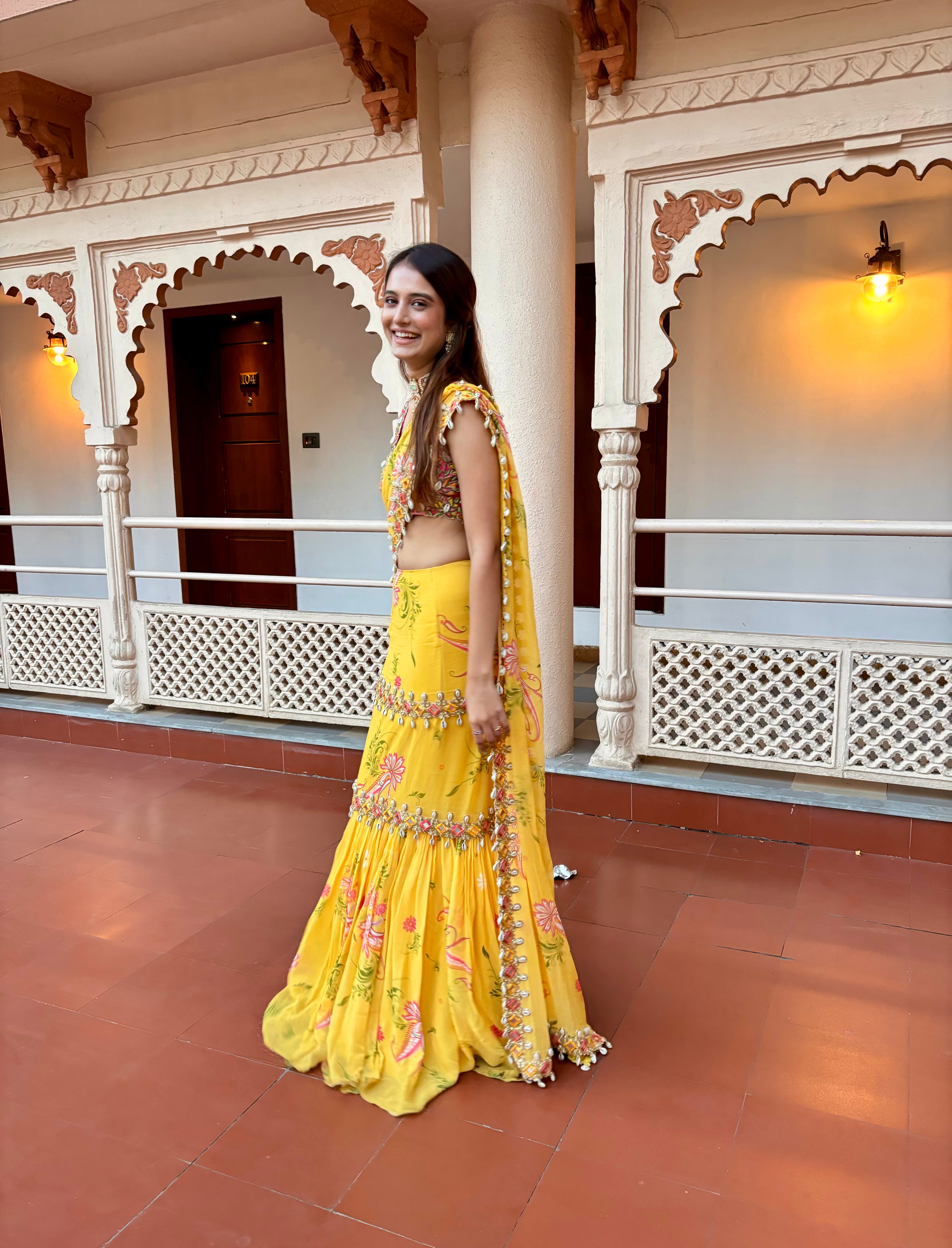 Yellow Pre-Draped Mumtaz Embroidered Paisley Print Saree Set