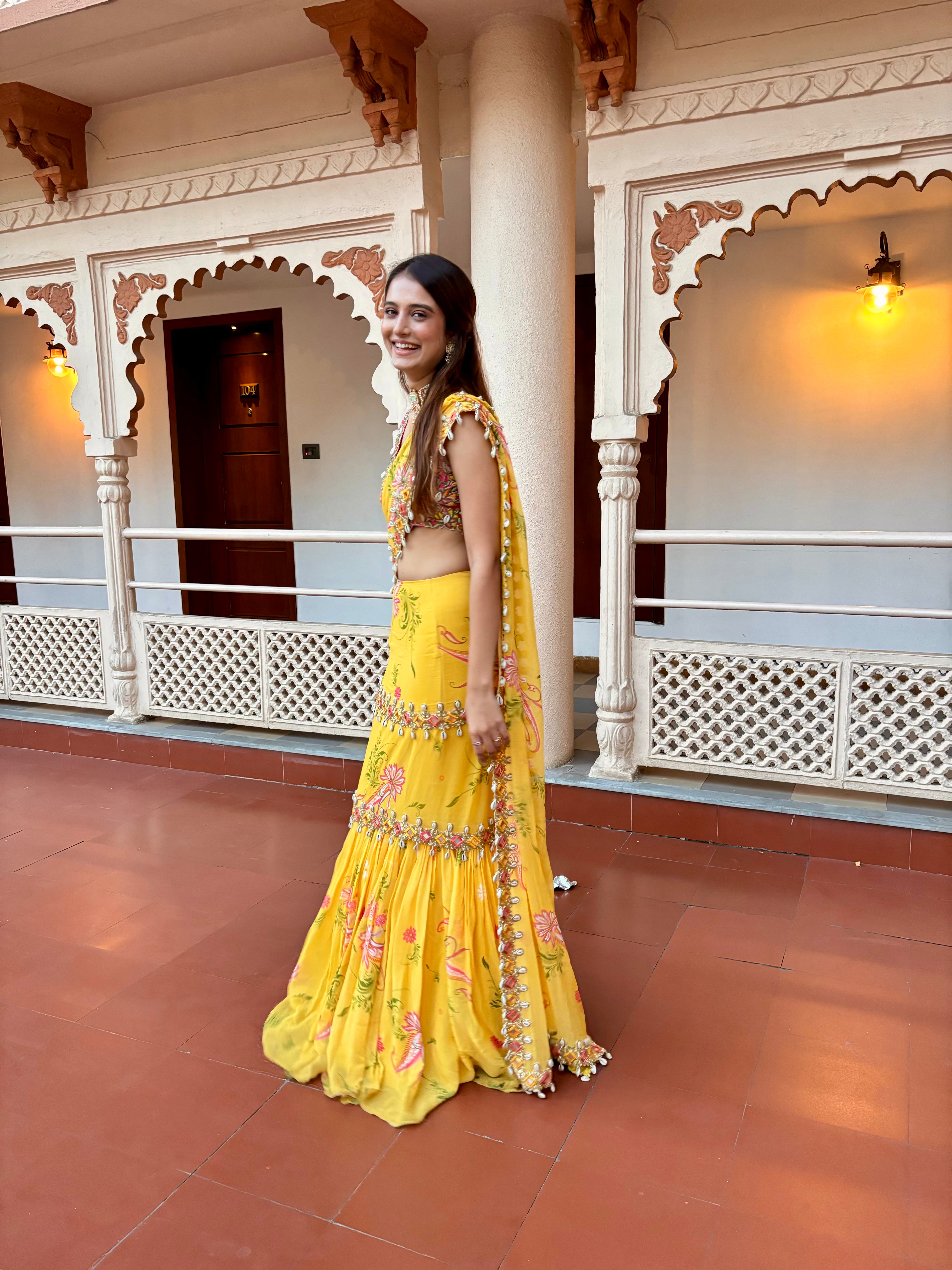 Yellow Pre-Draped Mumtaz Embroidered Paisley Print Saree Set