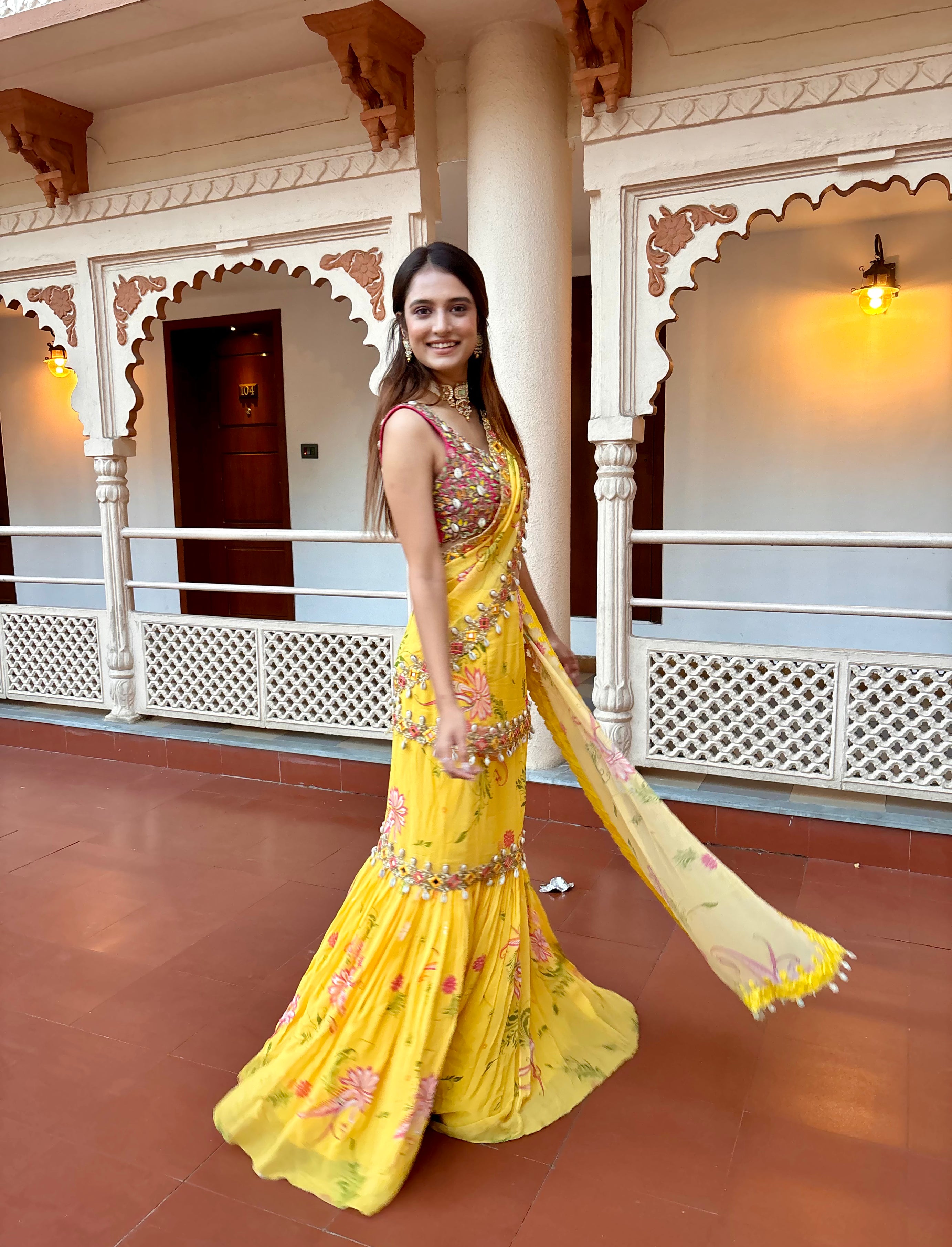 Yellow Pre-Draped Mumtaz Embroidered Paisley Print Saree Set