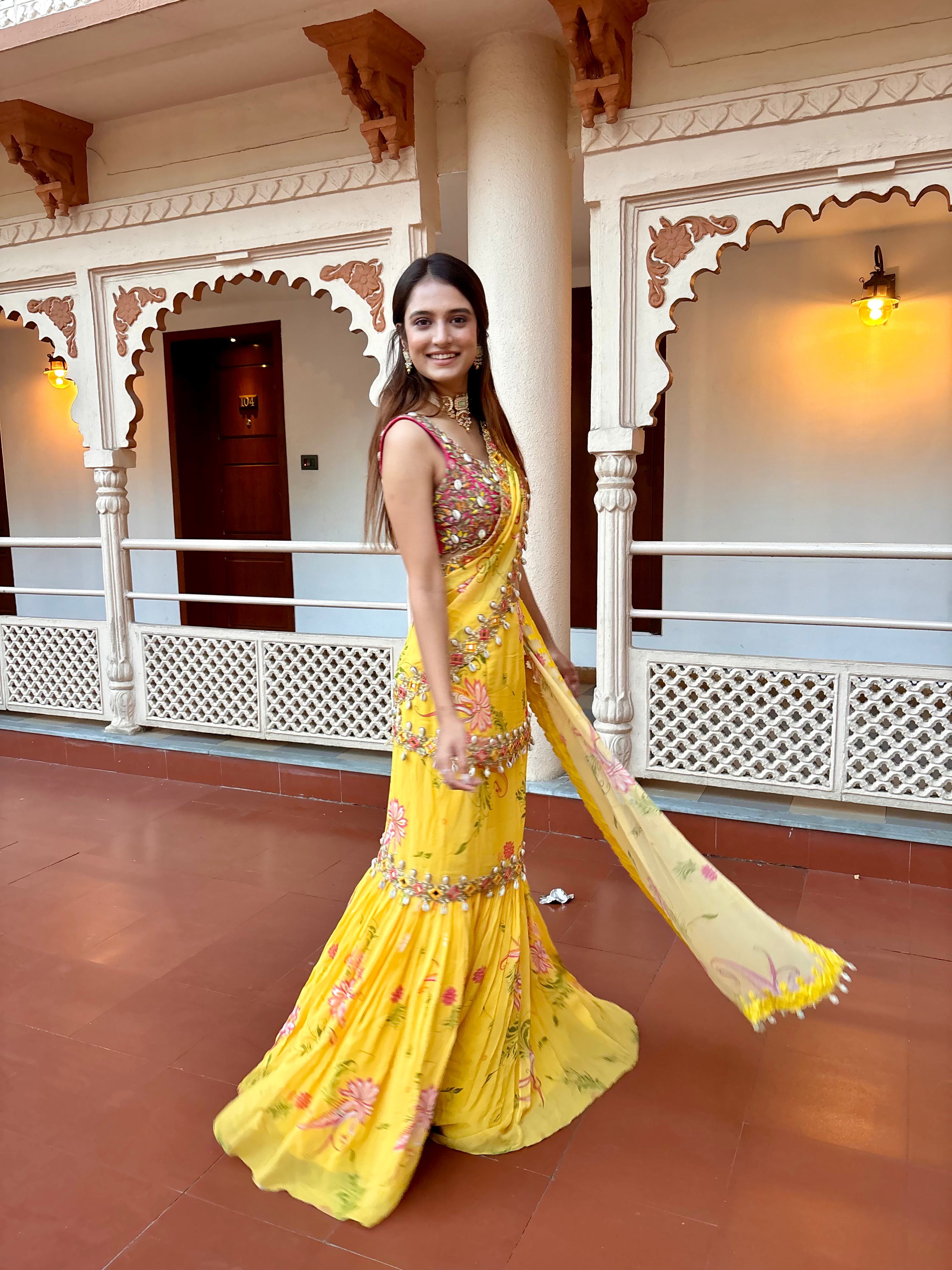 Yellow Pre-Draped Mumtaz Embroidered Paisley Print Saree Set