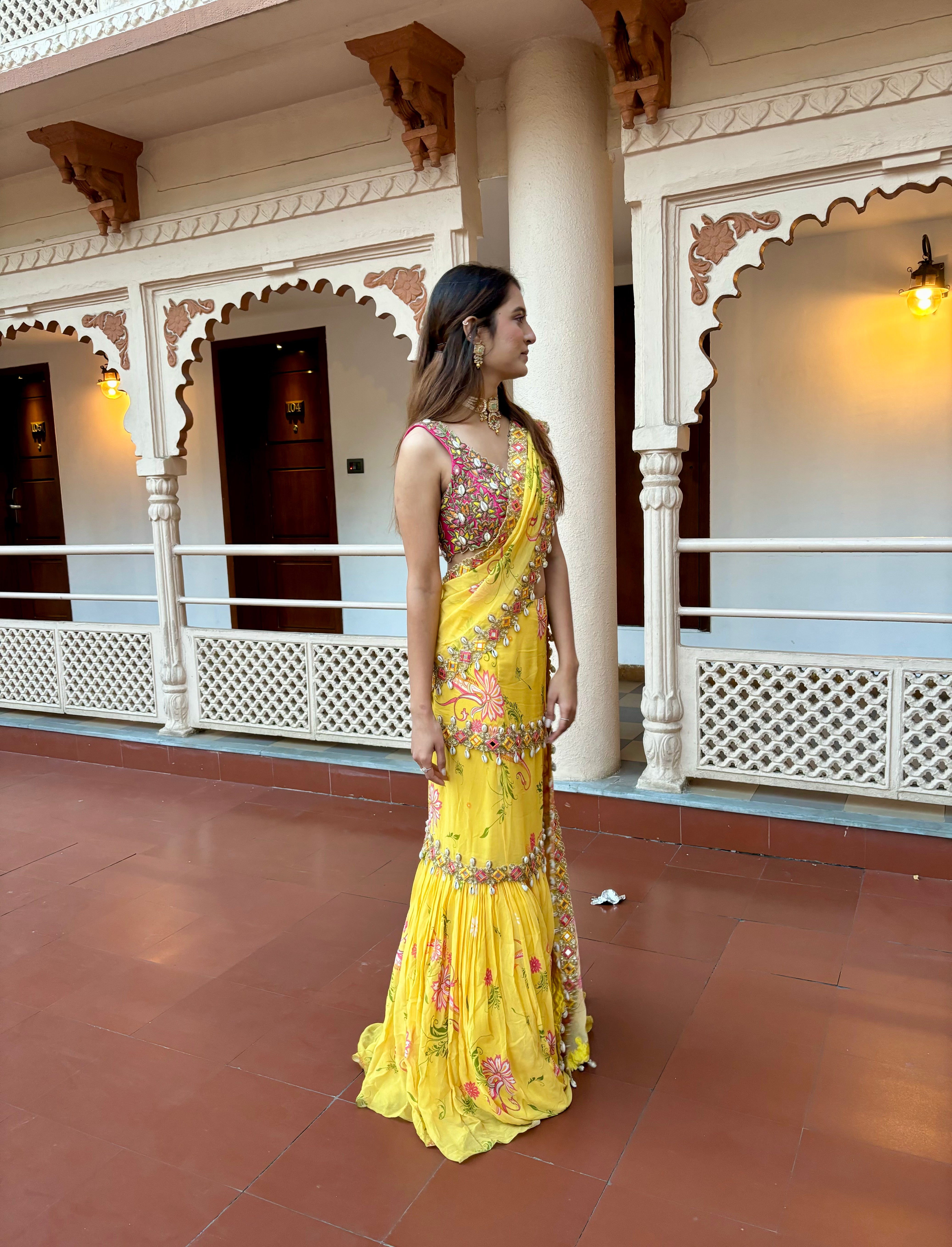 Yellow Pre-Draped Mumtaz Embroidered Paisley Print Saree Set