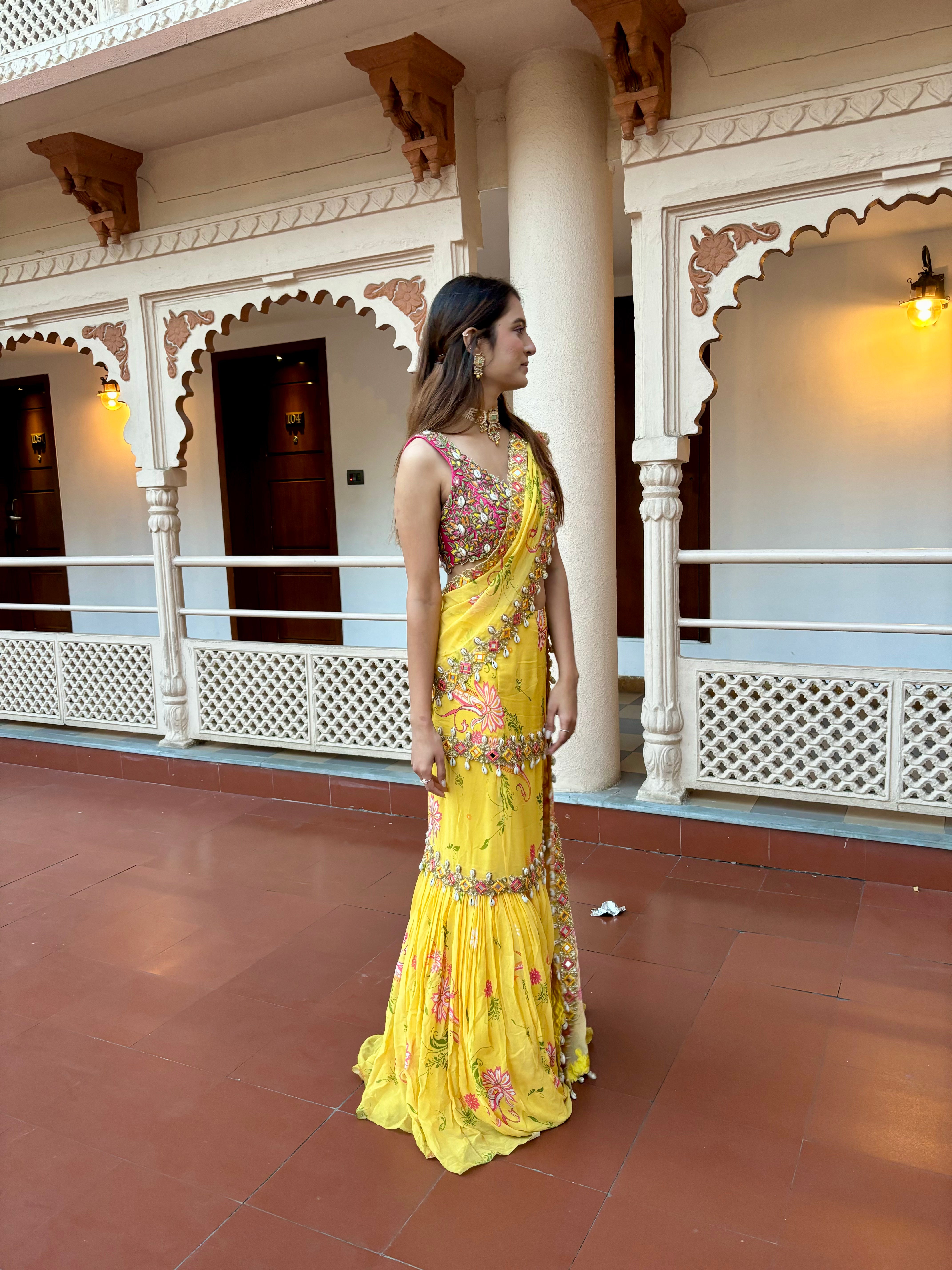 Yellow Pre-Draped Mumtaz Embroidered Paisley Print Saree Set